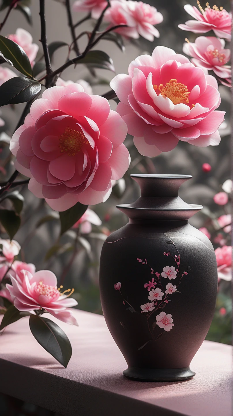 Black and silver Japanese pottery   , beautiful yellow camellias and purple berries are very long, narrow vase , soul,  fairy tale, soul、soul,   colorful  ,  Japanese garden 、  cinematic monotone lighting  , 8k, Bage design  、  High Quality  、   waving his greatest masterpieces 