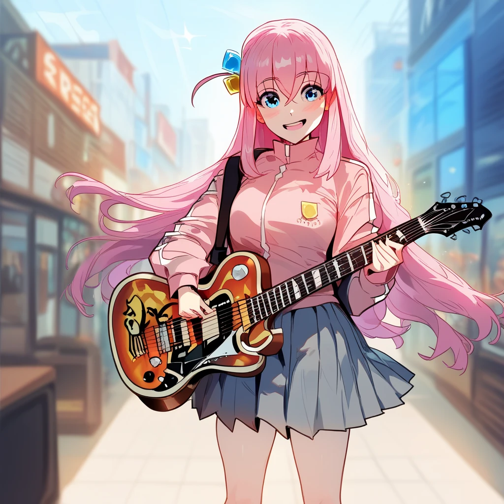 bocchidef, blue eyes, pink hair, long hair, cube hair ornament, pink jacket, track jacket, long sleeves, pleated skirt, grey skirt, miniskirt, black socks, fascinated face, in guitar shop, looking at expensive guitar, very expensive price, money in hand,