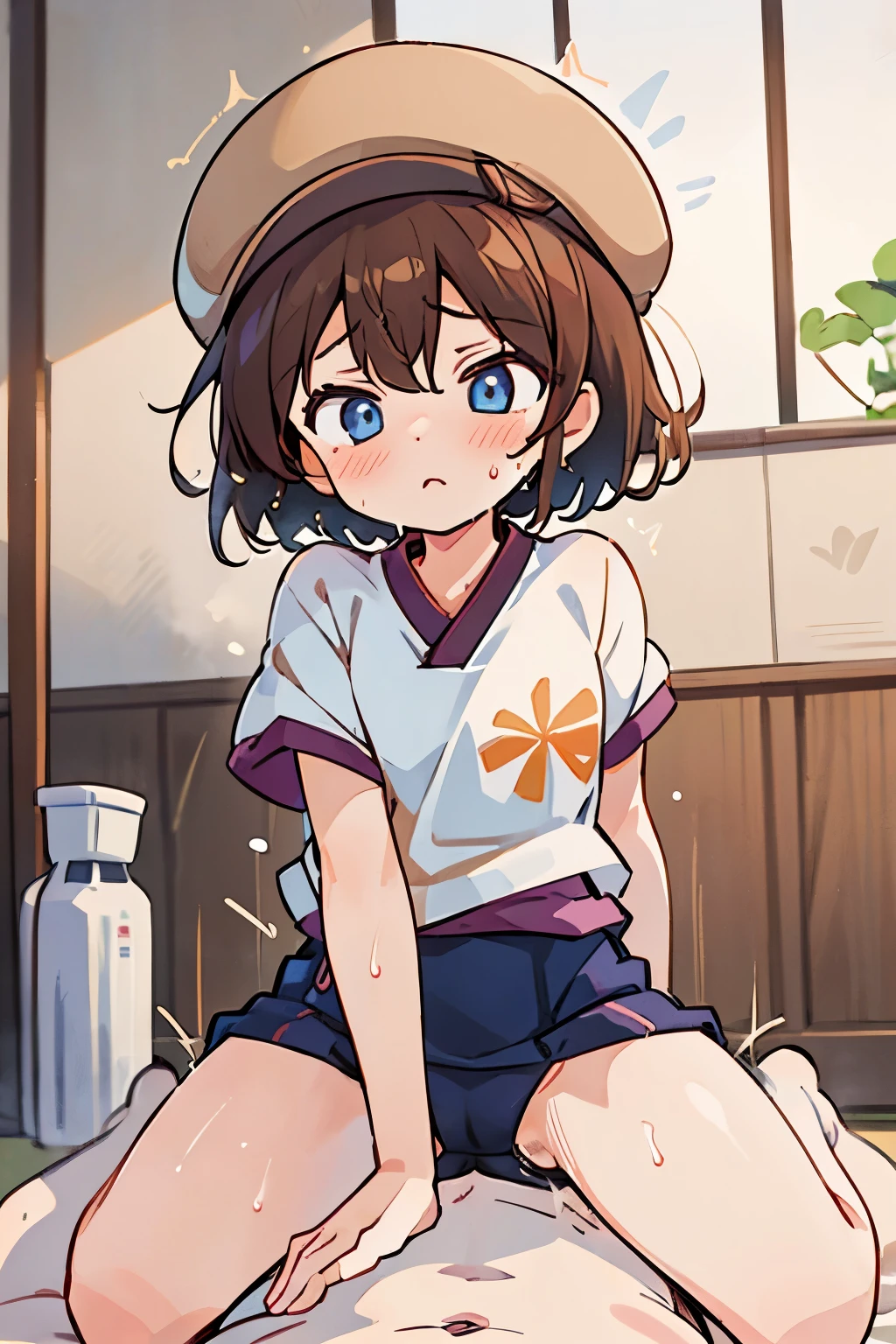 masterpiece , top quality, ( 1 girl , Helga Haruka , blue eyes, Brown Hair , short hair , Brown hat, traditional Japanese gym uniform , Perfect Anatomy , masterpiece),( One Man, naked, Perfect Anatomy ), ( heterosexual,sexual action:1.1), cowgirl position , sexual action, girl on top, (:1.3), (sweat). ahehe