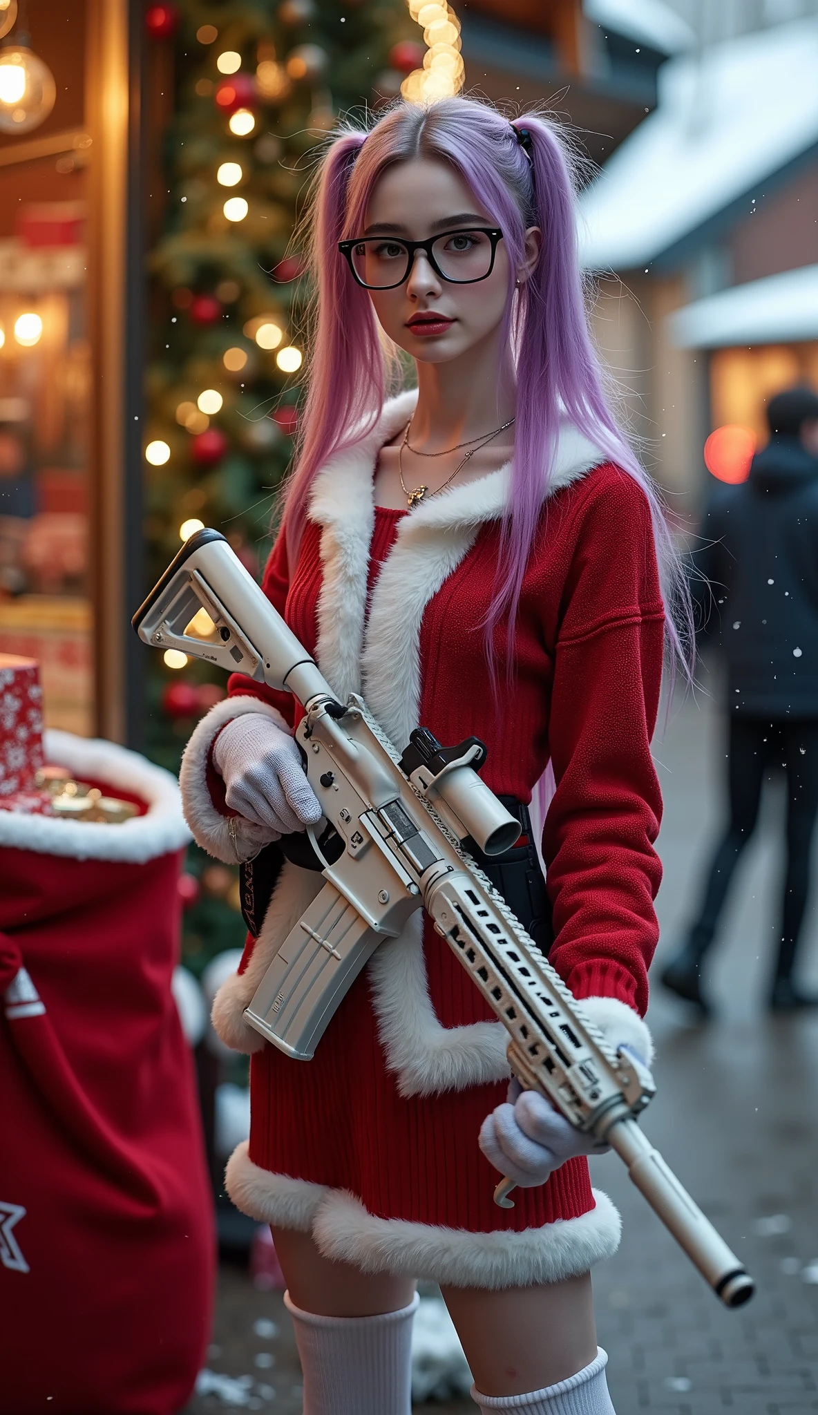 a cinematic full body pictrue of a Russian slim skinny  girl holding an white AR-15 assult rifle, with white vampire color of skin with two pony tails long hair to the ground one side of here hair is pink the other side purple, heavy pastelle Make up with long eye lashes and pink rouge,oversized black thin glasses, with a necklace with the text "Love Santa" written on it. (Dressed as santa claus in a skin tight school girl with chrismast dress), super slim skinny waist, thin waist, skinny hourglass figure, super long skinny legs with white over the knee stockings, 20inch red platform high heels, She is standing besides a big santa sack with christmas presents, she is garding the presents, snow in the air evenning at the christmas market, beautiful worm light,  (holding an white AR-15 assult rifle), christmas theme background with christmas tree, full body shot, long shot, wida angel, full body legs and high heels, 