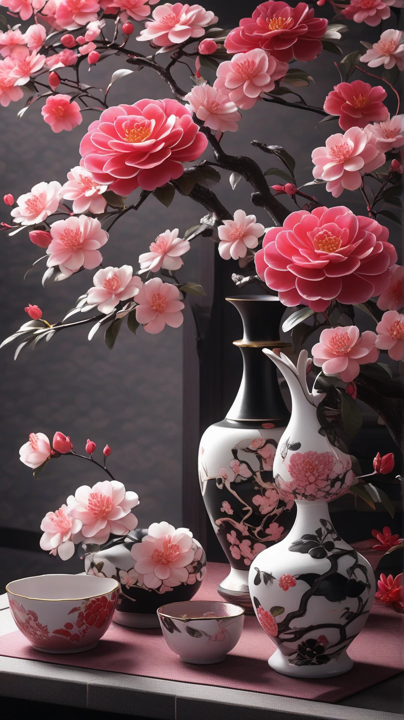 Black and silver Japanese pottery   , beautiful yellow camellias and purple berries are very long, narrow vase , soul,  fairy tale, soul、soul,   colorful  ,  Japanese garden 、  cinematic monotone lighting  , 8k, Bage design  、  High Quality  、   waving his greatest masterpieces 