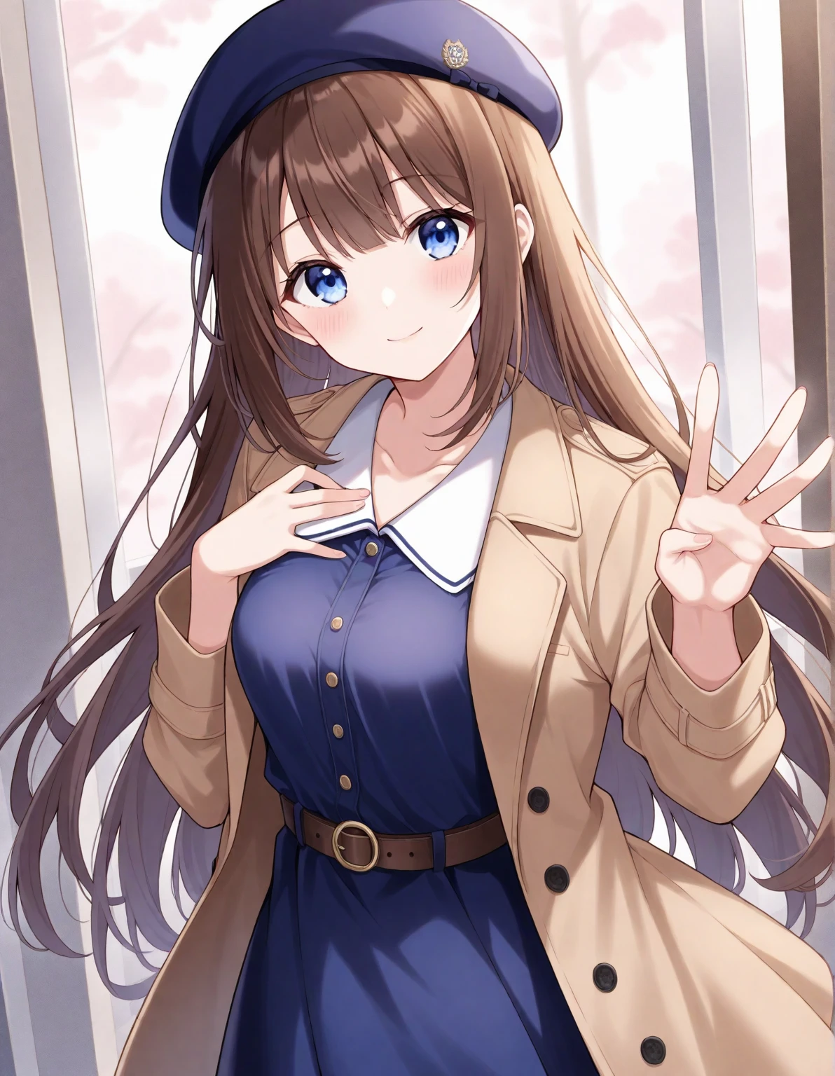  is written by, Gestures to introduce ,  1 girl,   Light Smile ,   looking at viewer,  cute round face,   long straight hair,  Detailed body, small tits, Wear a navy blue dress , Belt worn、Coat worn、Daytime,  natural light, masterpiece,  top quality,  great quality,   very aesthetic , up to date,smile、Wear a beret 、背景は日Booksの山奥の田舎町、Brown Hair、Blue eyes、Fingers５Books