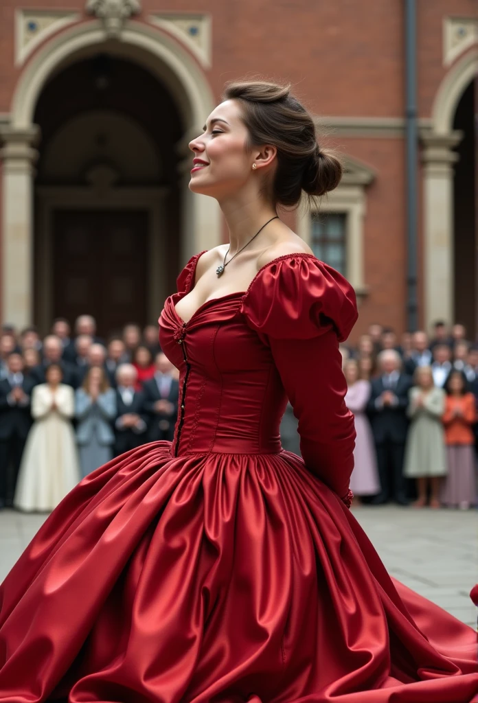 (realistic photograph close up victorian) (sideways), (a big bust slender waist beautiful smiling kneeling hot lady with (messy hair bun)), (she is wearing (an exaggerated elaborate shiny red silk tight closed round neck dress with (long extremely big puff sleeves), (and an extremely big skirt), (she has her hands behind her back)++++, (she is having a orgasm), (on a platform in a courtyard with a crowd cheering), (pov, you are standing next to her, bird eye view, you swing a big sword behind her head)