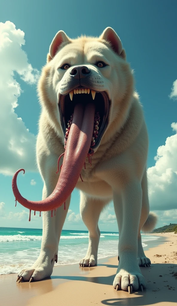  male furry dog white pitbull with fat red knotted penis, full body, standing on a deserted beach