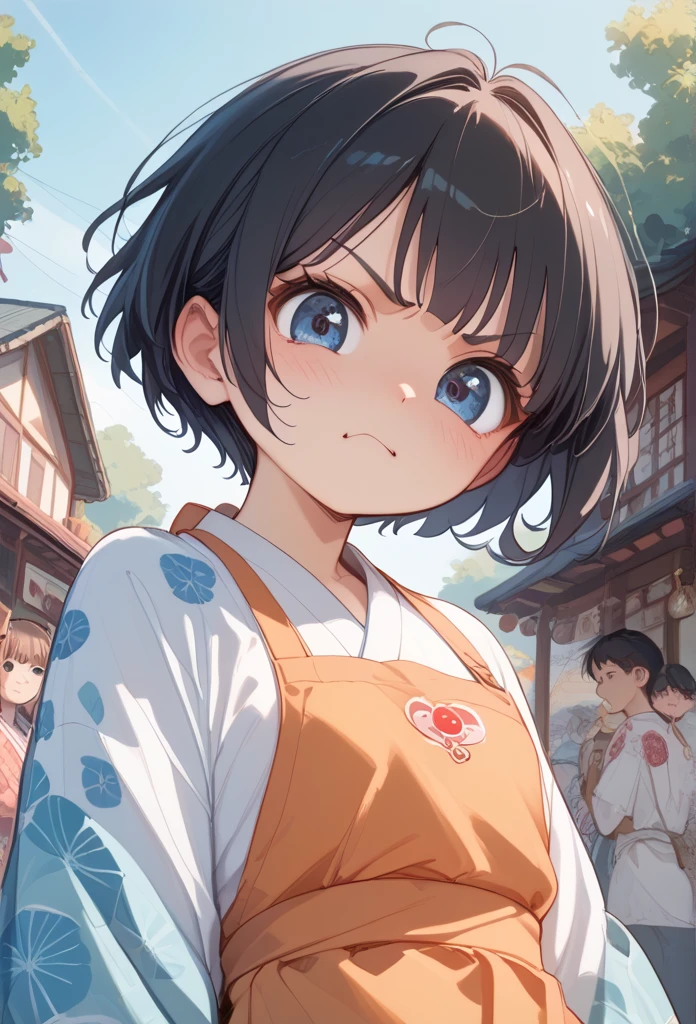 Lori Okan、 、 Japanese style orange apron、Light blue patterned kimono 、Black Hair、 short hair、 cute faces 、 big eyes、 puff up my cheeks、get angry、