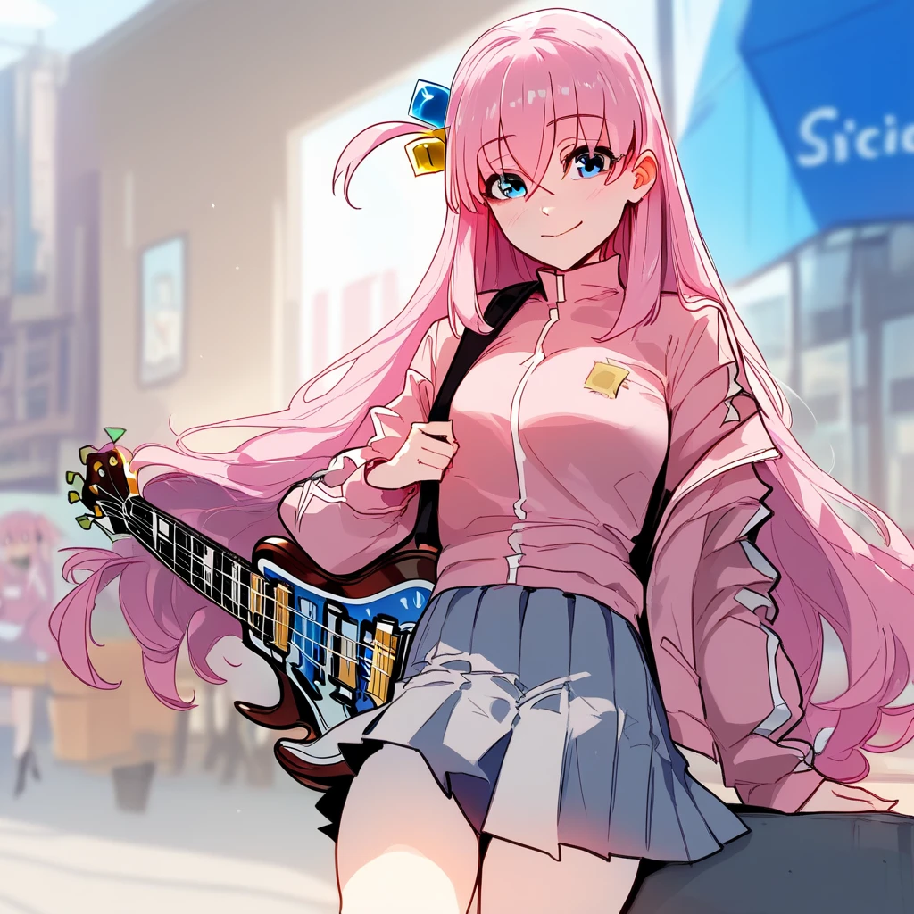 bocchidef, blue eyes, pink hair, long hair, cube hair ornament, pink jacket, track jacket, long sleeves, pleated skirt, grey skirt, miniskirt, black socks, fascinated face, guitar on pedestal, looking at pedestal, money in hand,