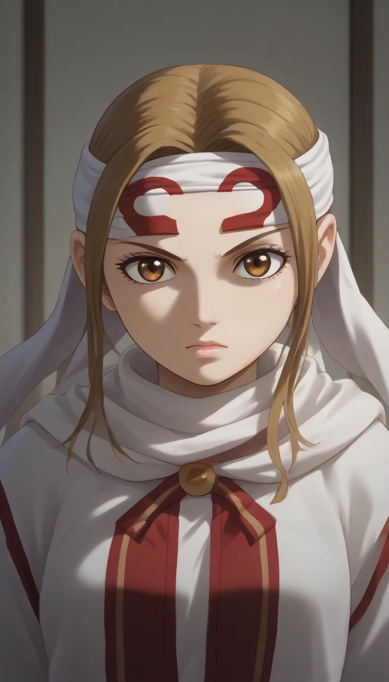 cowboy shot  masterpiece, super detail, high details, high quality, best quality, highres, 1080P, 8k, 16k  brown eyes very accurate clothing  score_9, score_8_up, score_7_up, ((cowl)) (((headband on forehead))) detailed clothing beautiful girl kyoukai  