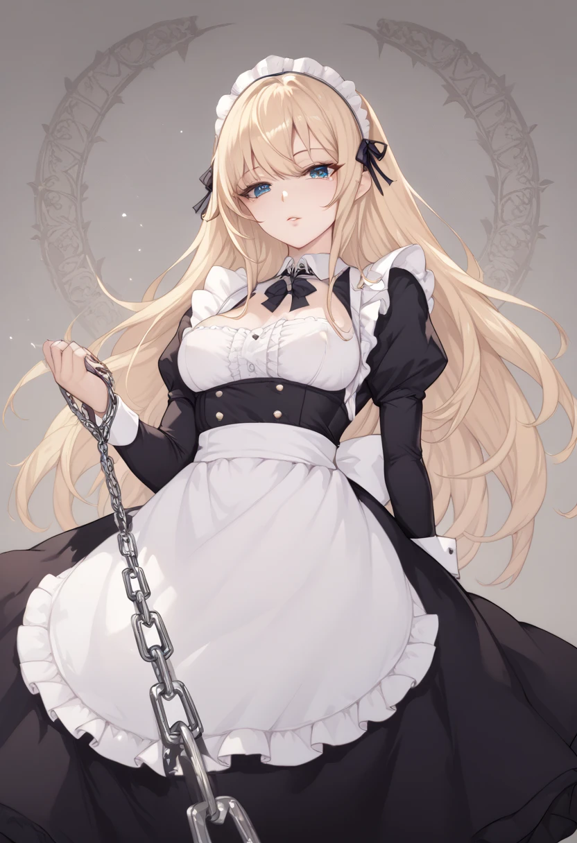  beautiful long blonde　maid, maid apron, maid headdress, puffy sleeves　whole body　 Viewer on Leash　CHAIN LEASH　PULL LEASH　 low angle　 Long Skirt　disdainful eyes　dungeon