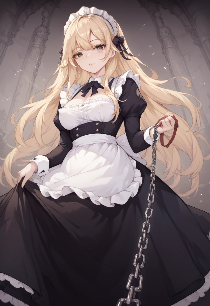  beautiful long blonde　maid, maid apron, maid headdress, puffy sleeves　whole body　 Viewer on Leash　CHAIN LEASH　PULL LEASH　 low angle　 Long Skirt　disdainful eyes　dungeon