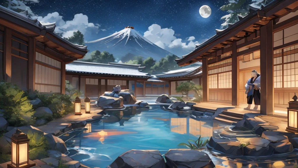 . A healthy tiger and orc bathing in a hot spring，The number of people is 1 person， white fur，Under the Starlight ，moonlight，Holding a wine glass in his hand，A gentle look， and behind it is a Japanese-style building ，Showing chest muscles，, the artist refers to zixiong ，Look at me ，Head-up， has a shy expression，Sexy，