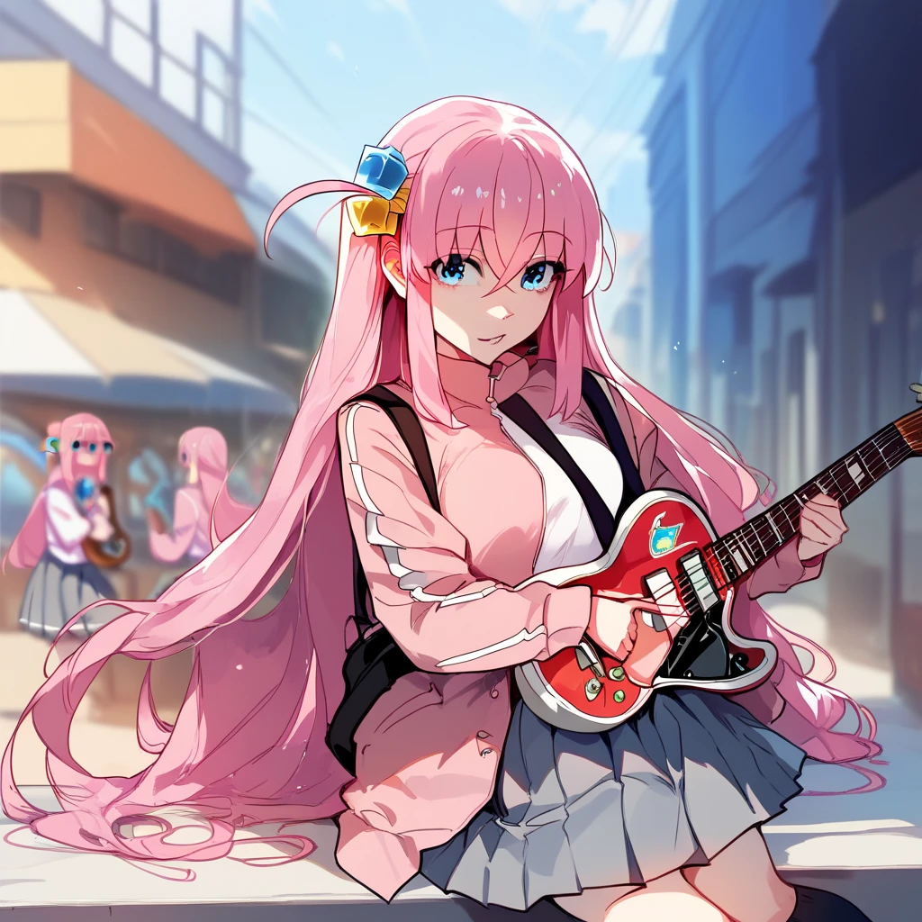 bocchidef, blue eyes, pink hair, long hair, cube hair ornament, pink jacket, track jacket, long sleeves, pleated skirt, grey skirt, miniskirt, black socks, fascinated face, guitar on pedestal