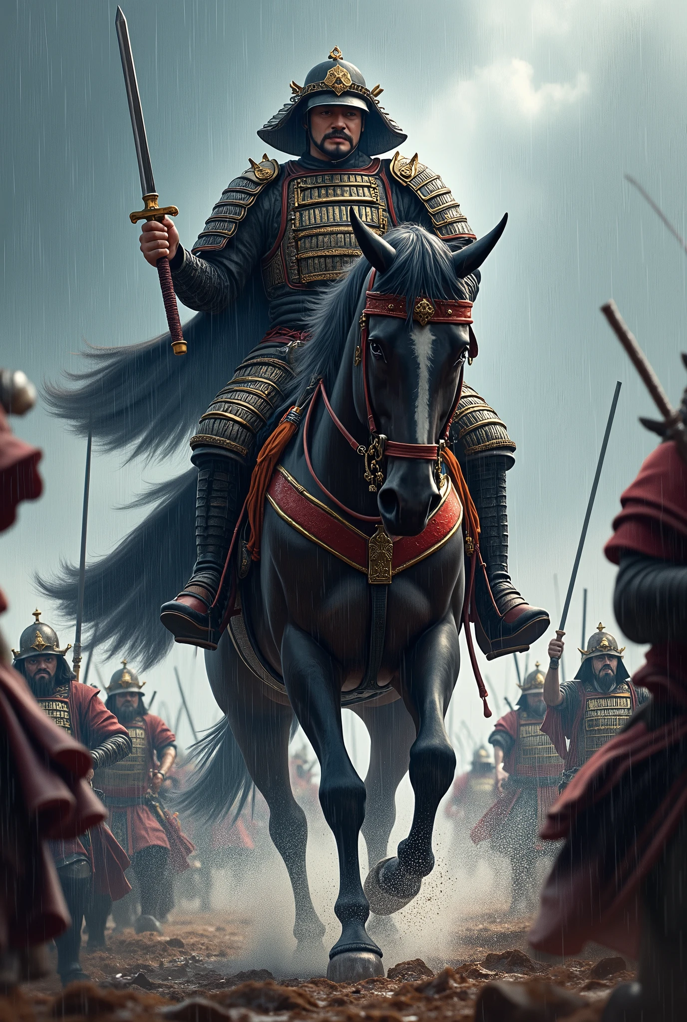  one of Japan's heroes from the Sengoku period , Oda Nobunaga,  it's a decisive battle in Okehazama ,  cut through against enemies , Bib pose, Charge, Straddling a horse,  with many soldiers ,  model Kawasaki Kento , Play Yamaya ,  it's raining ,  top quality,  high definition ,  high image quality, 8k, masterpiece,  detailed illustration art including background, 