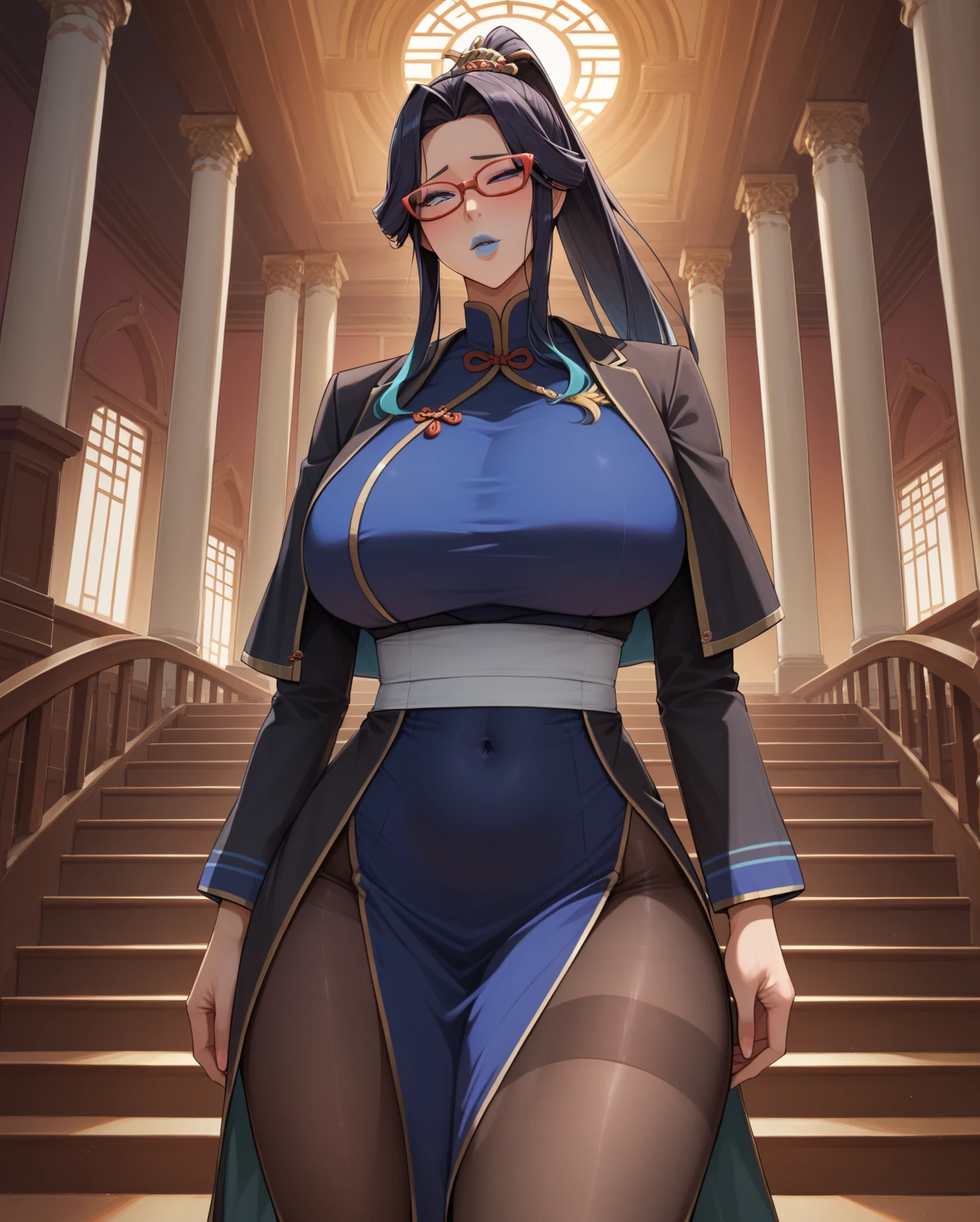  Japanese cartoons ,  best quality ,  high quality,  detailed,  high res, 8k, 超 high res,  Soft Saturation , Professional quality,  Perfect contrast on the stairs, Perfect lighting,  anatomically correct,  Sensual person , 成Mature Woman性, Mature Woman, maternal, Tempting, Long hair, ,High Ponytail，Temple, red rimless glasses,  lewd, full, full lips, Thick lips，1girl，Long skirt， standing position， front view，Tightening， huge breasts ，white waistband ，Black long sleeve hem 、 black pantyhose， side skirt、sad，neckline，Phnom Penh，blue_eyes, long_hair, black_hair,semi-rimless_eyewear, hair_ ornament , covered_navel, blue_hair, multicolored_hair, bangs, chinese_clothes， black robe， separated sleeve ，coat，black slim fit satin， with your shoulders exposed，Blue lips，