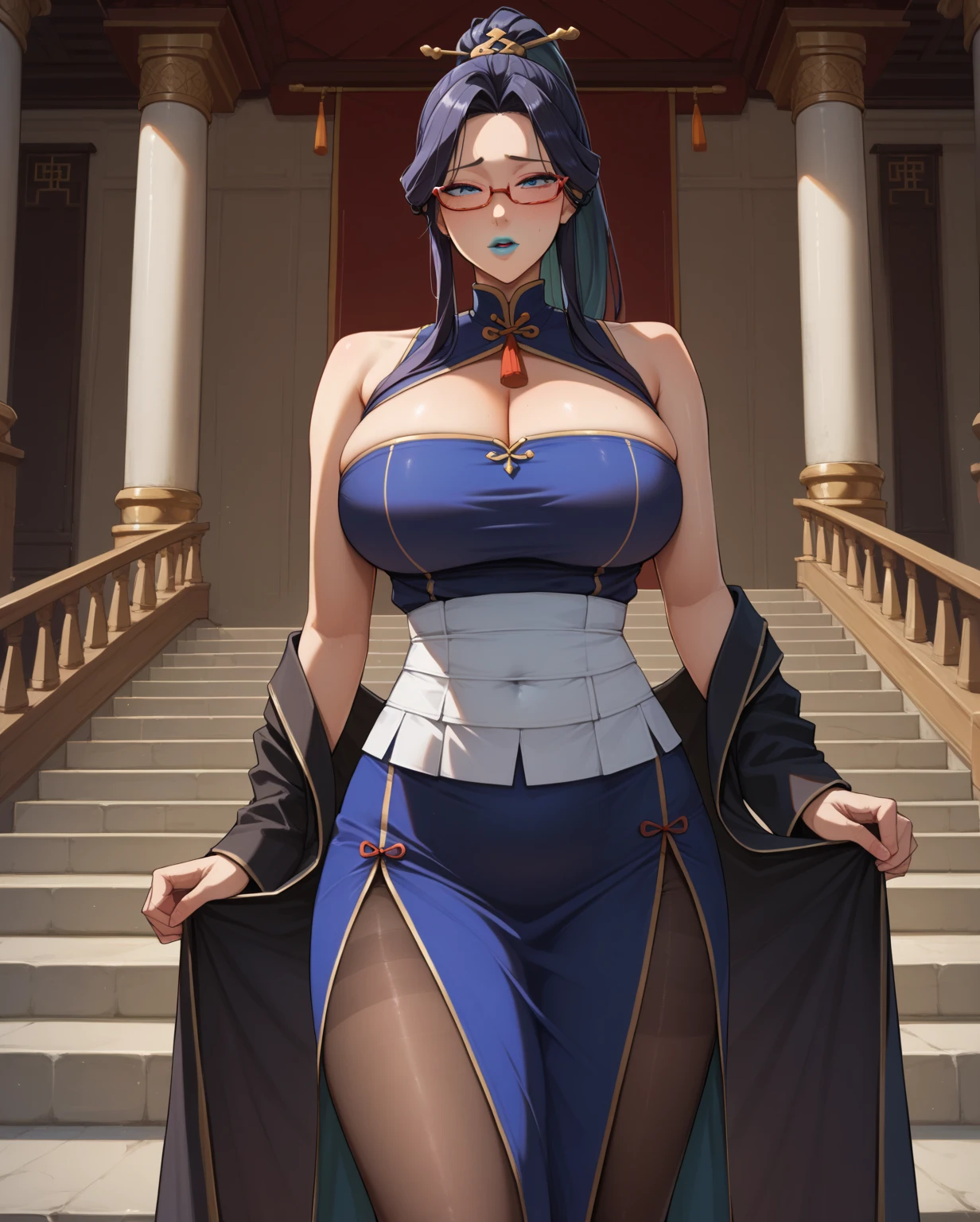  Japanese cartoons ,  best quality ,  high quality,  detailed,  high res, 8k, 超 high res,  Soft Saturation , Professional quality,  Perfect contrast on the stairs, Perfect lighting,  anatomically correct,  Sensual person , 成Mature Woman性, Mature Woman, maternal, Tempting, Long hair, ,High Ponytail，Temple, red rimless glasses,  lewd, full, full lips, Thick lips，1girl，Long skirt， standing position， front view，Tightening， huge breasts ，white waistband ，Black long sleeve hem 、 black pantyhose， side skirt、sad，neckline，Phnom Penh，blue_eyes, long_hair, black_hair,semi-rimless_eyewear, hair_ ornament , covered_navel, blue_hair, multicolored_hair, bangs, chinese_clothes， black robe， separated sleeve ，coat，black slim fit satin， with your shoulders exposed，Blue lips，