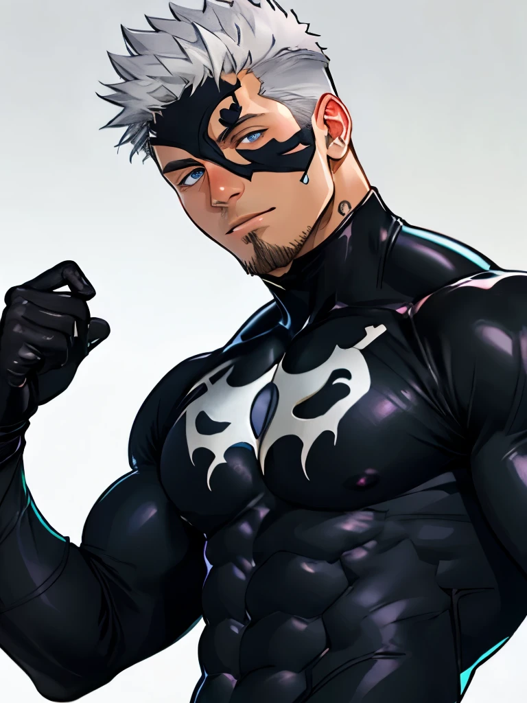  young muscular man , masterpiece, fine details,  upper body,  top quality, eye focus, silver hair, Tough, stubble, [venom, Symbiote costume ,(Emiya_Shiro:1.2),dark skin, 1 Boy, (symbiote whole bodysuit:1.1), eye focus, Face,  Exhaustive Eyes,  symbiote skin tightening ,  blue eyes , whole body,  wearing black mask 