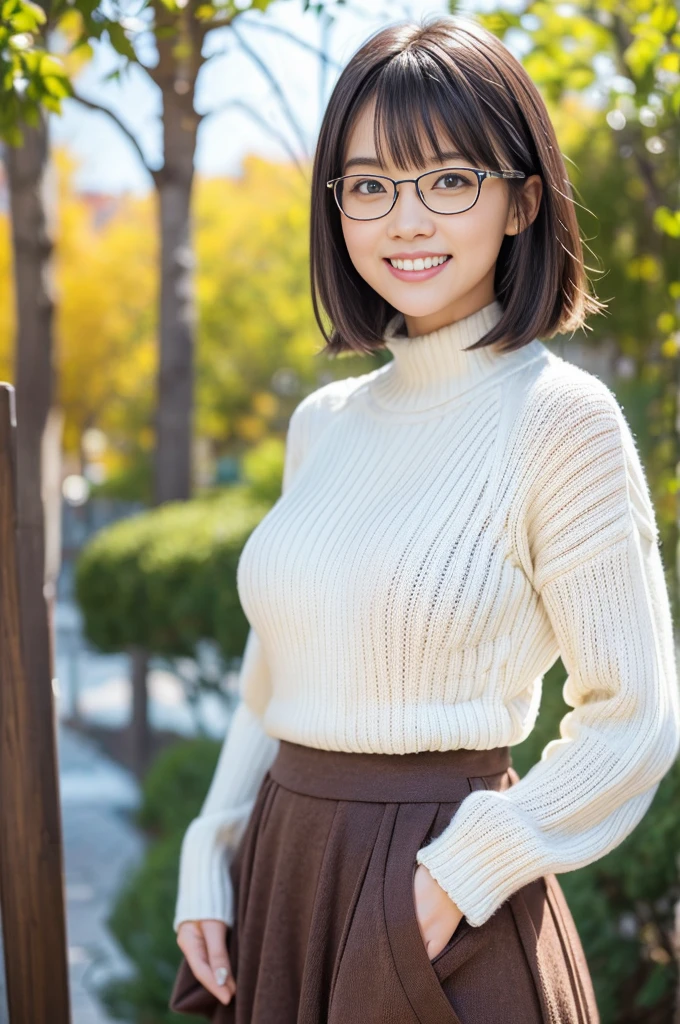 (8k, RAW photo, photorealistic, HQ, masterpiece), a cute Japanese girl,(glowing eyes), 
(light smile), Rimless Glasses, brown hair, fluffy Pixie Bob hair, large breasts, curvy, (A big baggy wool sweater layered over a simply long skirt), 
standing pose, Seductive pose, (winter nature park), 
blurred background, depth of field, natural lighting, backlighting, face lightning, 