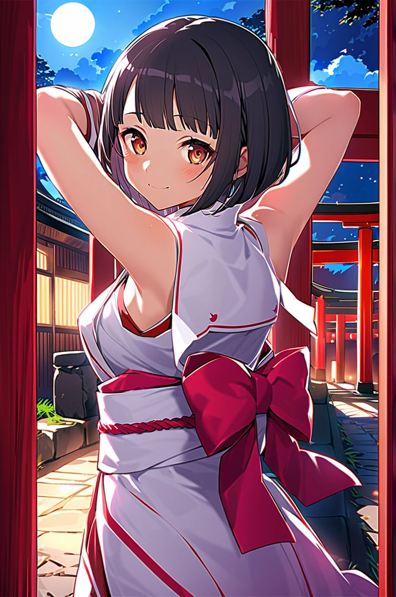  girl, shrine Maiden Clothes,  black hair,  short bob, Late Night, torii, shrine, charm,  Darkness, Ghost Story ((( Sleeveless))) small tits　(((Shrine maiden))), (((kimono))), ((( Sleeveless))), ((( Similarly ))), ,side　((( raises arms)))　Lori　Chirarizum　(((sideを見せる)))　 zitoida　kimonoはゆったりしていて肩がむき出しになっているのが見えます:1.3)　Armpit Show　 puts her arms behind her head　  raises arms, Under the arms　((( from the side))) young woman、smile、 cool hairstyle、、  Masterpiece 、 high definition 、16k、 fresh colored spring clothes depicting the upper body、(Very close:1.5)、Explore the city、( Her costume is dirty :1.5)