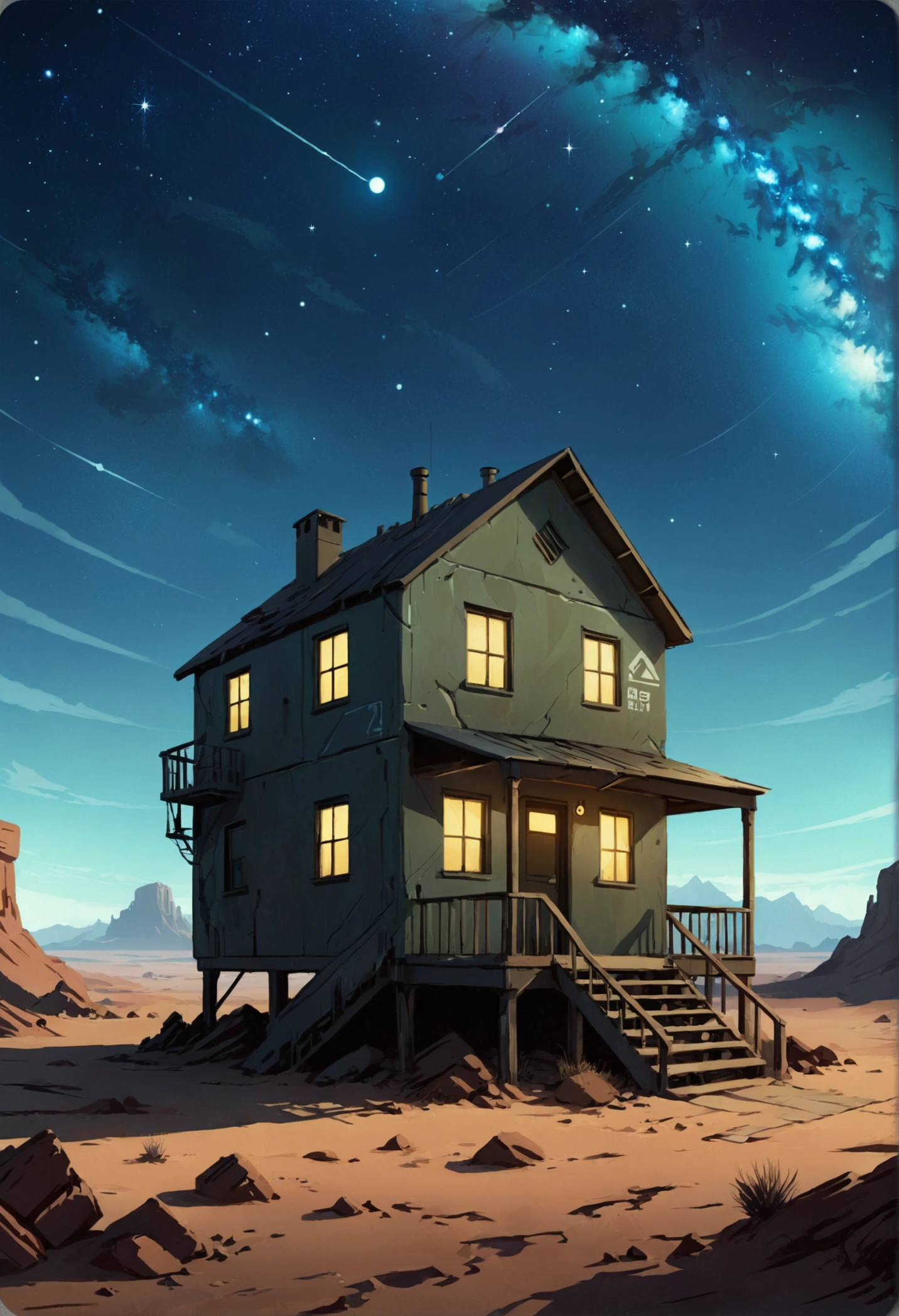  Wasteland under the stars ,  square two-story house ,  signage and writing in pictograms,  sci-fi landscape , high quality 