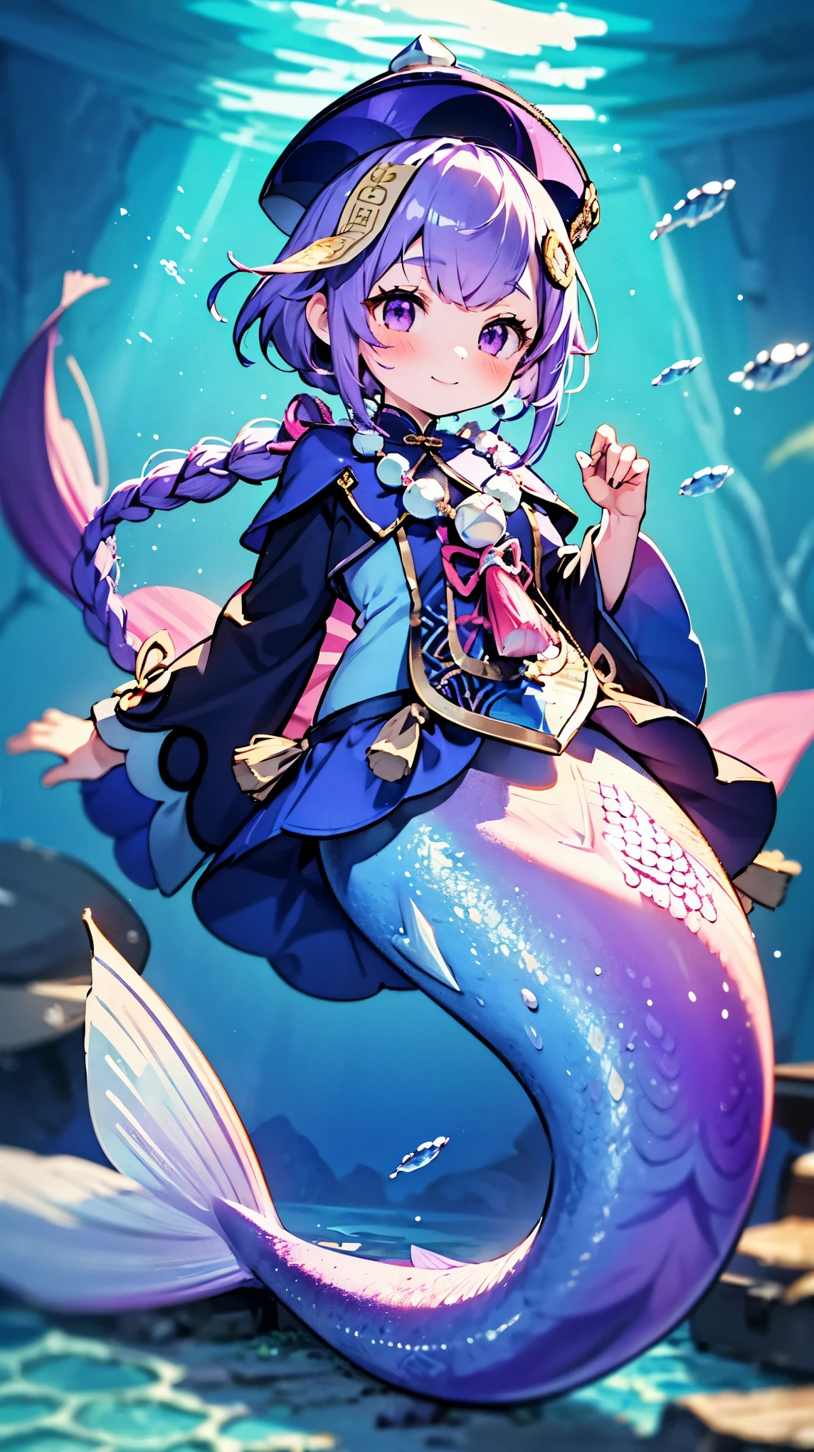 (masterpiece),( Best Quality ),(full five fingers ), a girl ,qiqi,purple_hair，  bangs， hat， Ofuda， qing_Guanmao ， hair_ ornament ， purple_eyes，solo,Mermaid,紫色的Mermaid尾巴, Full Body Photo ,(Underwater:1.2),Smile