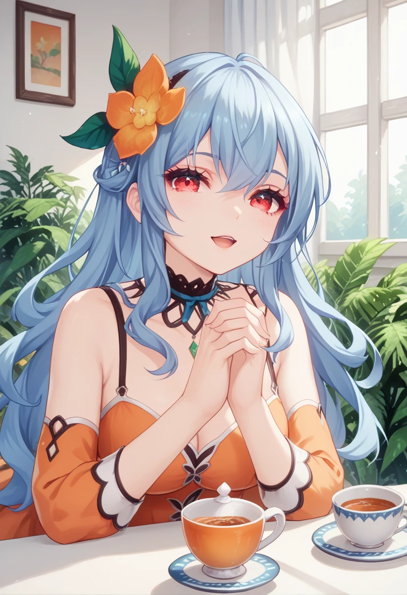 rocbouquet　blue hair　long hair　red eyes　orange dress　hair flower　 bust shot　 hands　Face the table and hold the cup in 　Tea Ceremony