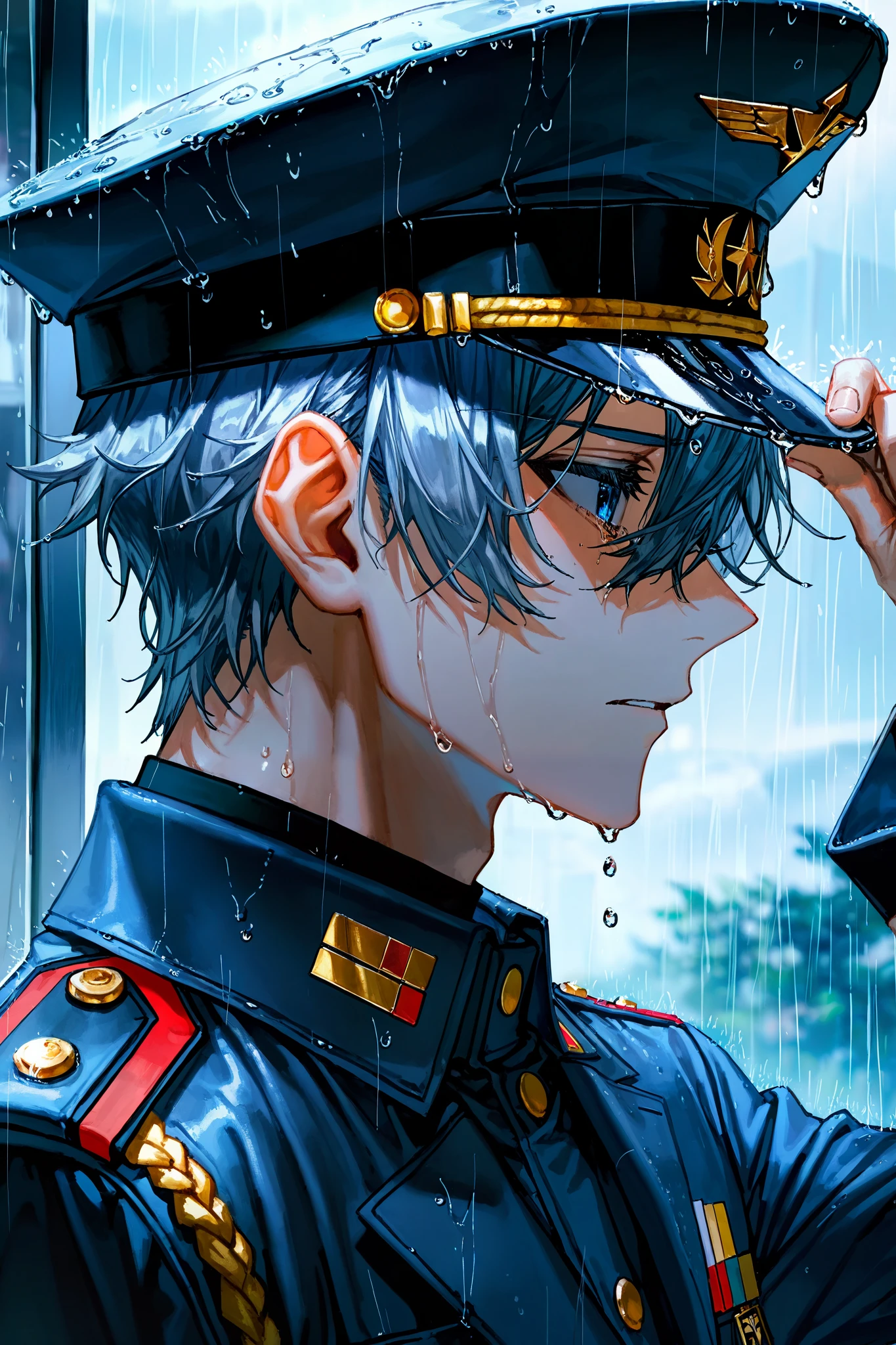 quasarcake, masterpiece, best quality, 1boy, mature, from side, hat tip, military hat, military uniform, rain, raindrop, close up, sad scene, depressing scene