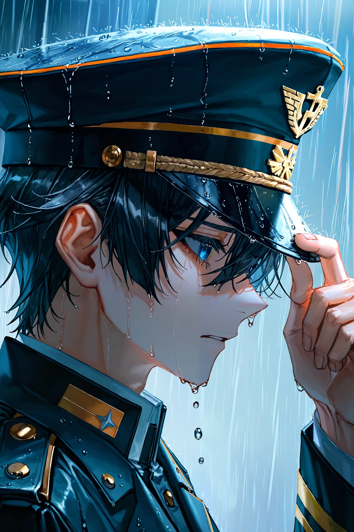 quasarcake, masterpiece, best quality, 1boy, mature, from side, hat tip, military hat, military uniform, rain, raindrop, close up, sad scene, depressing scene