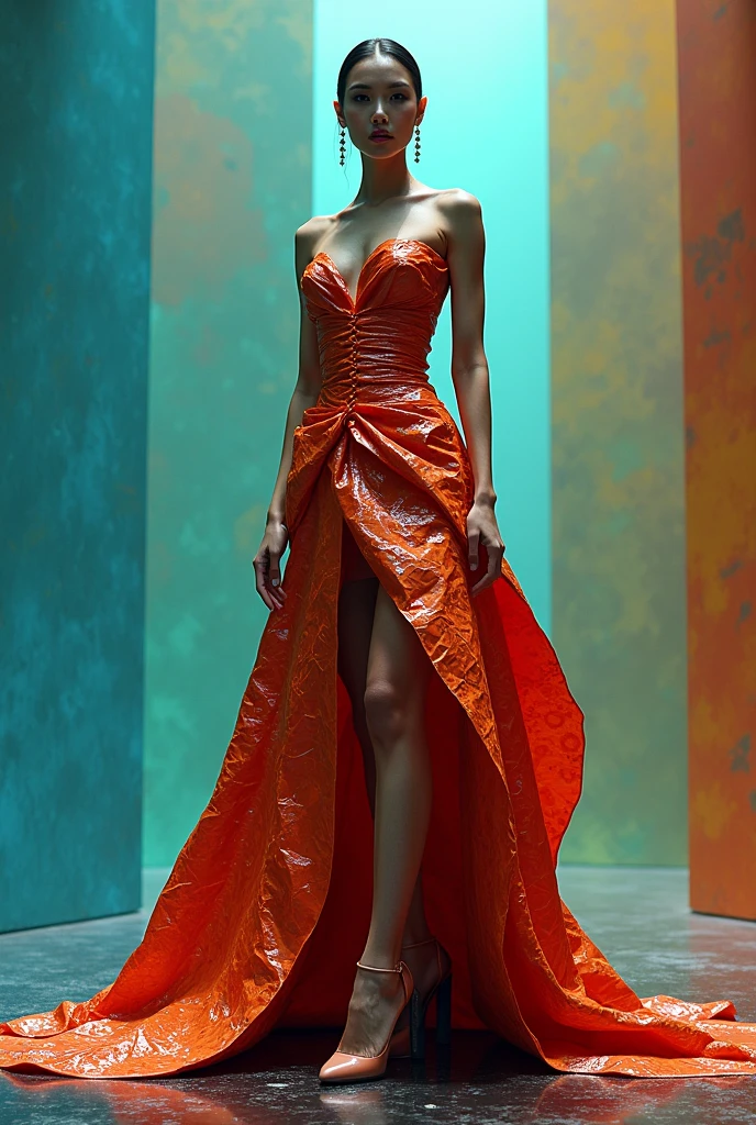 advertising photo of a ::stunning woman:: is standing in a neon lit dress, in the style of vray tracing, red and yellow, sinuous lines, depth of layers, low resolution, stripes and shapes, subtle use of light and shadow , Fujifilm X-T4, Sony FE 85mm f/1. 4 GM
