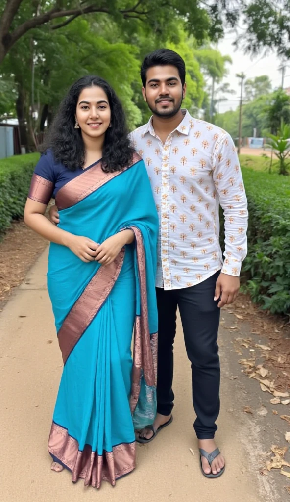 Photo of Kerala straight mallu couple.female with fair Indian skin tone and black long hair.curvy chubby body figure. Wearing kerala saree and male wearing printed shirt and pant in kerala outdoor. Full size photo. Detailed photo. Realistic photo. Photo taken in nikon camera.face looking straight.