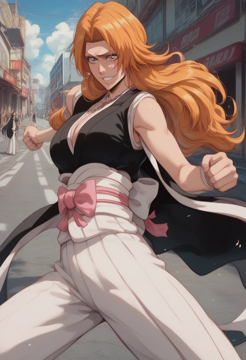 (( 1 girl,BLEACH_Rangiku Matumoto)),((ＪＫ,)) Japanese ,nsfw, Improve, long hair. glamorous,  voluminous, shy, stand,street,(( punch,))smile