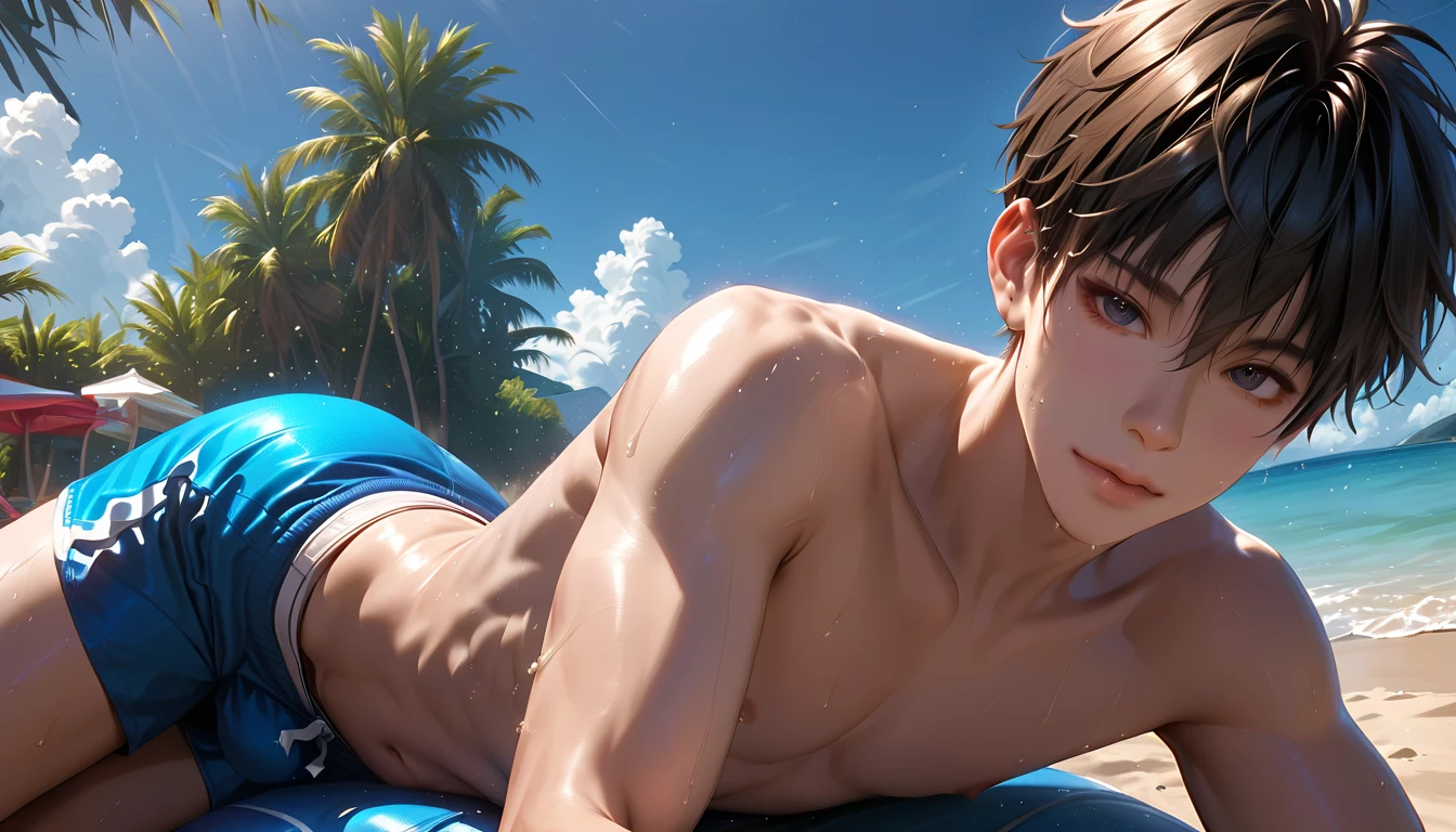 A skinny chinese emo boy, younger than aged 13, he is sexy and cute, skinny body, sweet face expressions, sexy pose, dark emo hair, slims sick packs abs, he is only with his mini dark colored underwear half naked taking the sun near the beach. he has slim legs and body.  his body is wet, he is hairless and lying near the beach in a sexy pose, high realistic image