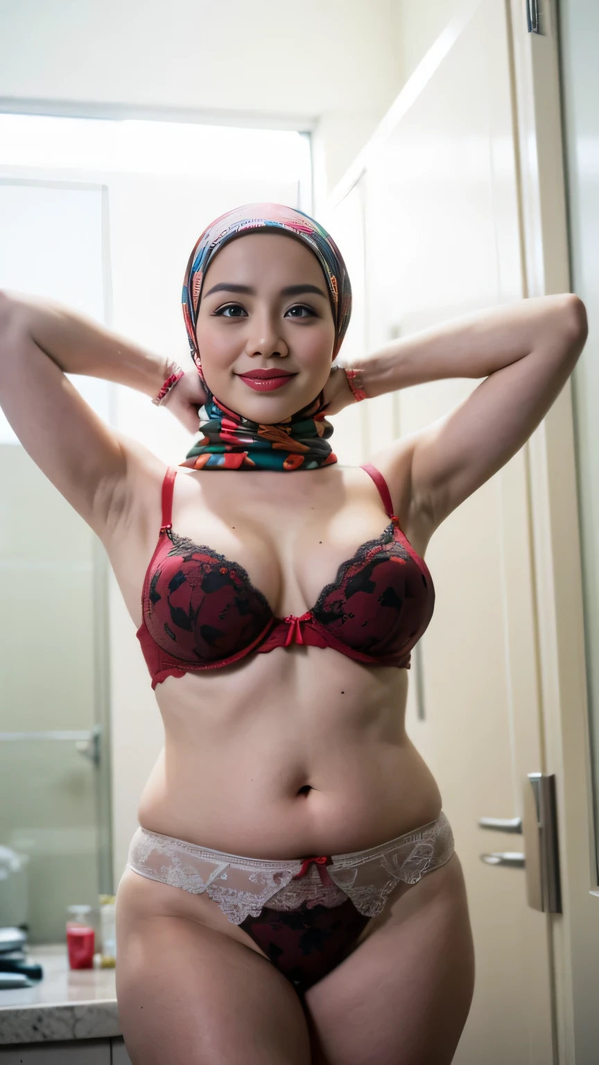 SPECTACLES, ((Saggy breasts:1.3)), ((Gigantic tits:1.3)), (from behind up) seductive pose, ((Thin:1.6)), (Happy smile), (((HIJAB MALAY GIRL))), masutepiece, High quality, UHD 32K, Realistic face, Realistic skin feeling , A Japanese Lady, 38 years old matured lady, (((PLUMP BODY))), (Night time at forest), ((look In front at the camera and SADNESS)), (((RED FLUORESCENT & RED FLUORESCENT))), ((RED FLUORESCENT LIPS)), ((Floral Pattern)), ((wearing lingerie bra)), dark night background , black forest night, horror scary place,