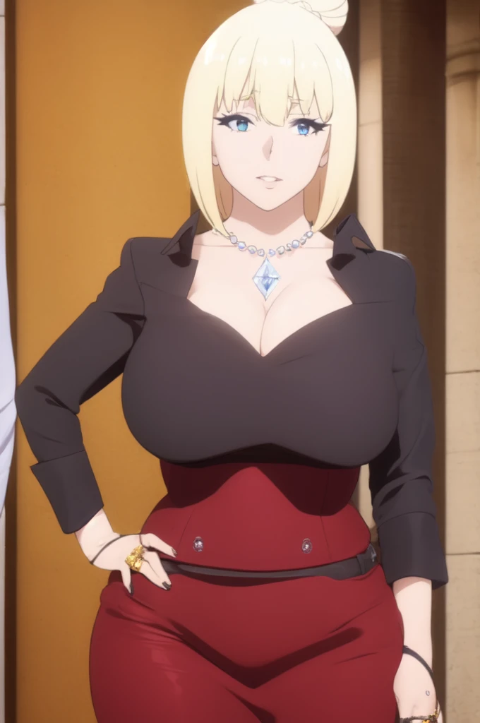 masterpiece, best quality, highly quality ,  Darkness lalatina,konosuba,Big breast,Golden bracelet,Half open eyes,Big pearl earring,Mature,((Cleavage)),long sleeve,((((diamond Wedding ring)))),((Enchanced breast)),(((Cross hairpin))),Blue eyes,Blonde,Majestic mansion,Noble rings,modern anime quality,Tight thights,Konosuba anime artstyle,Swaying hips,light Eyeshadow,Detailed face,Bare neck,pearl necklace,enourmous big breast,Mature,Milf,Corset,Long gown,((Eyeshadow)),Detailed Rings,Detailed Necklace,corset,Soft smile,heavy make up,Madam,((glossy Red lips)),Curvy figure,Plump,Thick lips,Thin dress,Light blue eyes,Visible ear,Sulrty and busty,Blond hair,Thin eyebrow,Thin long sleeve,1girl,((solo)),wavy hair,Thin white glove,((visible tied sideburn)),Top knot bun,Superbun hair,Short hair,Plump,milf,Mature