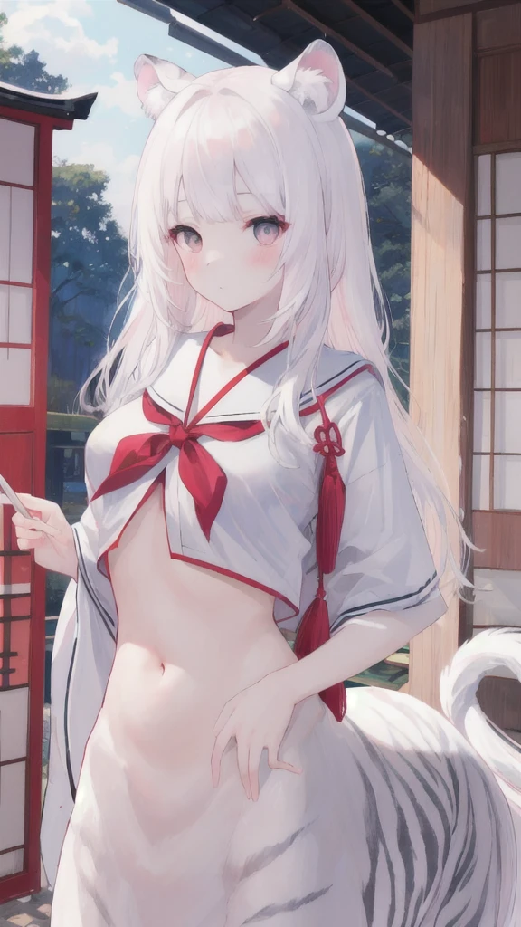 (best quality, masterpiece), 1 girl, centaur, I beg, White skin, Japanese schoolgirl,black pink, exposing the abdomen, beautiful girl perfect, White tiger photo, 완벽한  White tiger photo