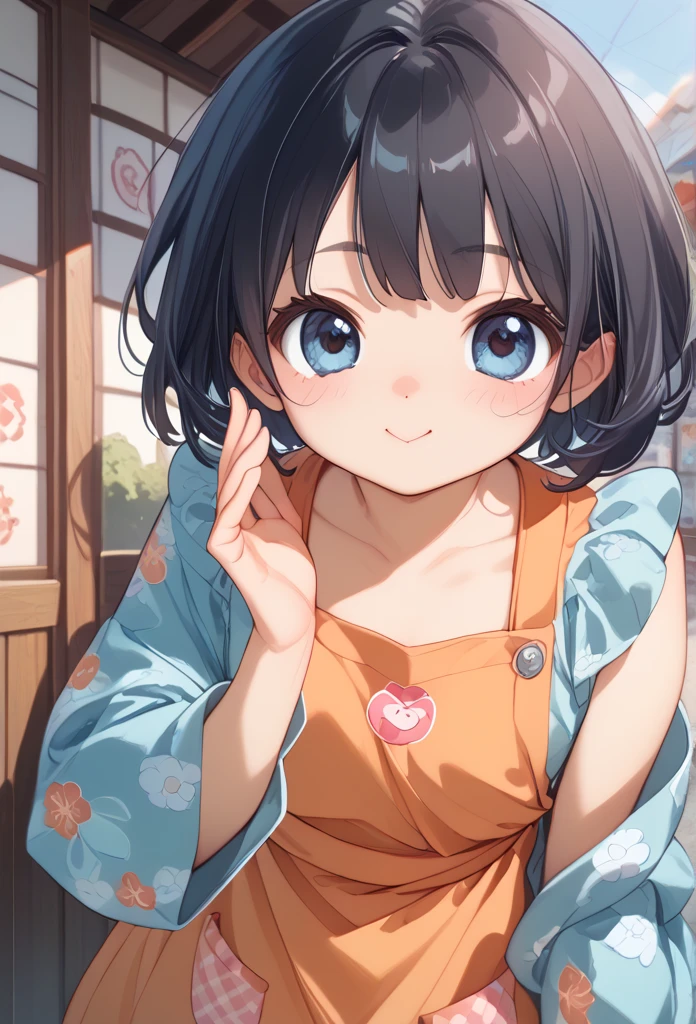 Lori Okan、 、 Japanese style orange apron、Light blue patterned kimono 、Black Hair、 short hair、 cute faces 、 big eyes、 puff up my cheeks、笑うwhispering, hand up