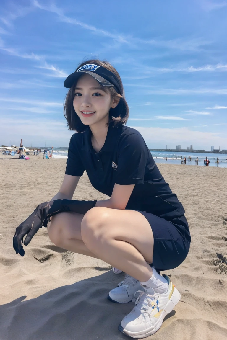 {A stunning Japanese-Korean lady, squatting in a polluted beach clean-up, at morning dawn, picking up plastic waste, sorting recyclables, with clean-up tools, nets, trash bags, grabbers, recycling bin. She is wearing T-shirt, Polo-Shirt, Volleyball attire, Tennis_Skirt, PT shorts, hand gloves, cap, visor, sneakers,

Youthful charms, Friendly expression, Confident & Poised demeanor, smooth complexion, beautiful detailed face, beautiful detailed eyes & lips, long eyelashes, slender figure, perfect body proportion, snaggletooth, cute dimple, kind smile, Pinkish short straight hair, side ponytail, Curved in Blunt Bob, Asymmetrical Bob, Looking at viewer, 

Blurred background, Bokeh effect, ultra-detailed,
(best quality, 4k, 8k, high-resolution), 
(masterpiece:1.28), award-winning,
(realistic, photorealistic, photo-realistic:1.37),
HDR, UHD, studio lighting, ultra-fine painting,
Sharp Focus, physically-based rendering,
extreme detail description, professional photography, Vivid colors, Sunflare, SFW, Safe for Work,
Cowboy_Shot, Close-up Shot, High_Angle Shot,}