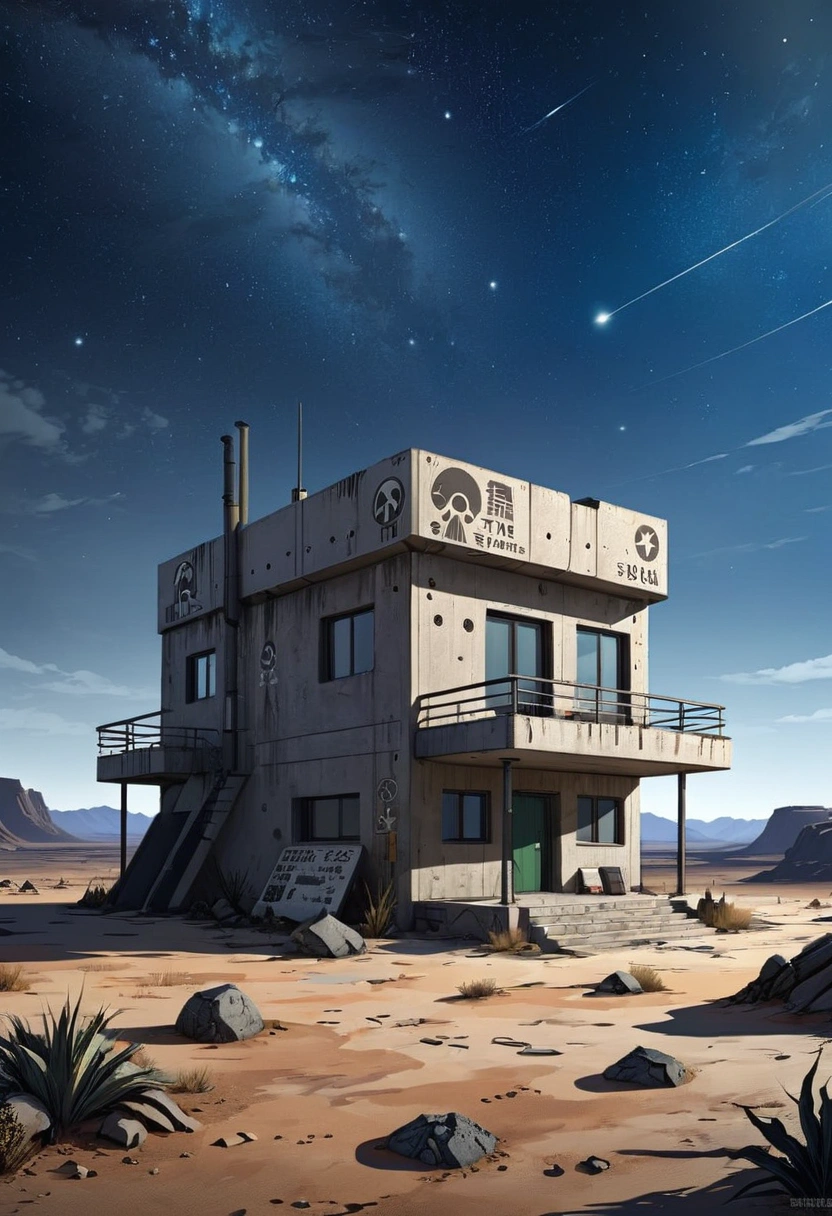  Wasteland under the stars , square concrete two-story house,  signage and writing in pictograms,  sci-fi landscape , high quality 