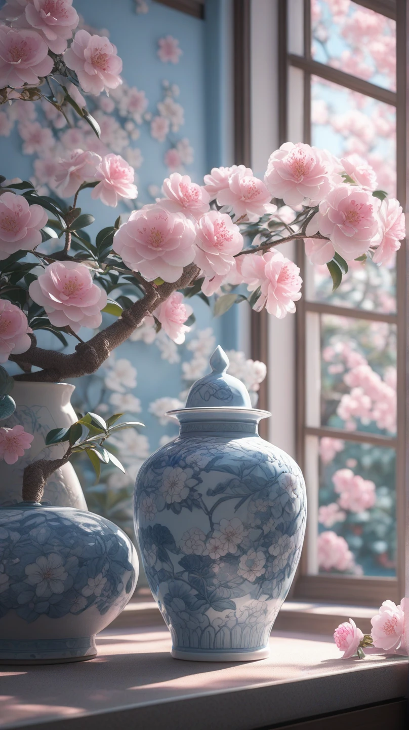 Black and silver Japanese pottery   , beautiful yellow camellias and purple berries are very long, narrow vase , soul,  fairy tale, soul、soul,   colorful  ,  Japanese garden 、  cinematic monotone lighting  , 8k, Bage design  、  High Quality  、   waving his greatest masterpieces 