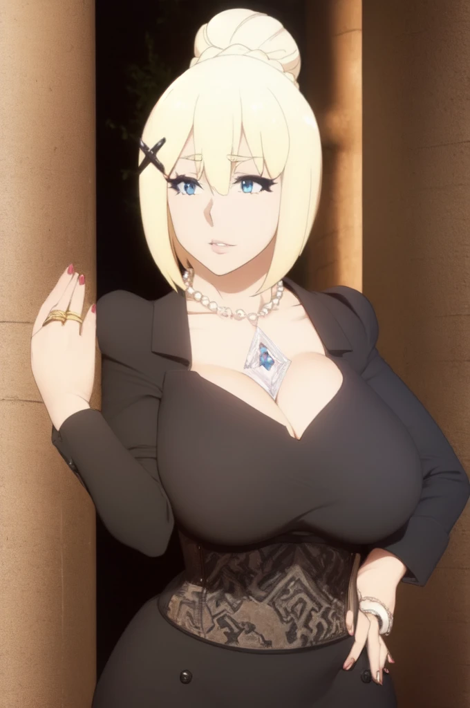 masterpiece, best quality, highly quality ,  Darkness lalatina,konosuba,Big breast,Golden bracelet,Half open eyes,Big pearl earring,Mature,((Cleavage)),long sleeve,((((diamond Wedding ring)))),((Enchanced breast)),(((Cross hairpin))),Blue eyes,Blonde,Majestic mansion,Noble rings,modern anime quality,Tight thights,Konosuba anime artstyle,Swaying hips,light Eyeshadow,Detailed face,Bare neck,pearl necklace,enourmous big breast,Mature,Milf,Corset,Long gown,((Eyeshadow)),Detailed Rings,Detailed Necklace,corset,Soft smile,heavy make up,Madam,((glossy Red lips)),Curvy figure,Plump,Thick lips,Thin dress,Light blue eyes,Visible ear,Sulrty and busty,Blond hair,Thin eyebrow,Thin long sleeve,1girl,((solo)),wavy hair,Thin white glove,((visible tied sideburn)),Top knot bun,Superbun hair,Short hair,Plump,milf,Mature