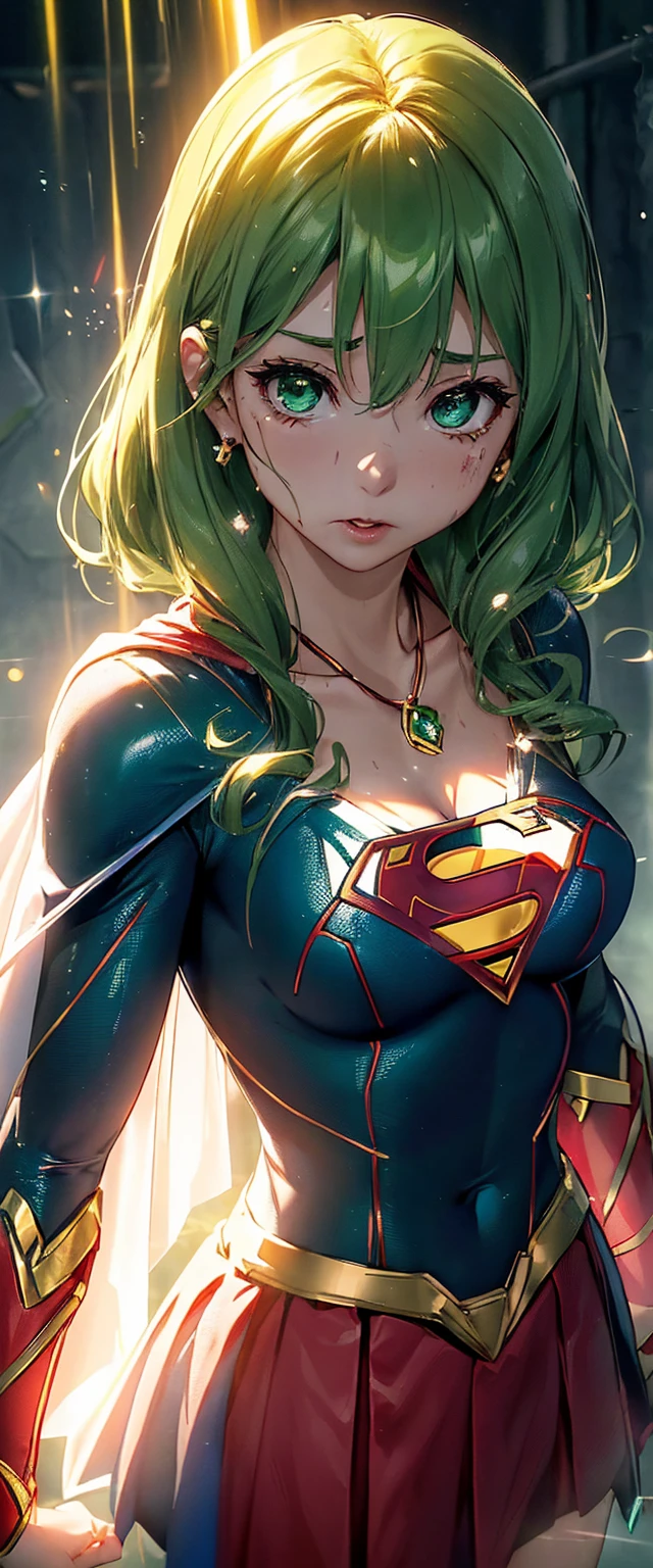 (best quality,4K,8k,high resolution,masterpiece:1.2),super detailed,(actual,realistically,realistically:1.37), Ultra high definition face, A woman wearing a Supergirl costume has her body tied up with ropes, collar, Red miniskirt, White panties, anime visual of awesome girl, publicity cosplay, Charming cosplay, Excellent-hero girl, style of dc comics, large breasts, large , biggest breast, huge breast, Thin waist and thick hips, hourglass figure, wide pelvis, Pelvis larger than shoulder blades, Fair thighs, fitness model, rosy cheeks, shy nervous expression, sweat, dripping with sweat