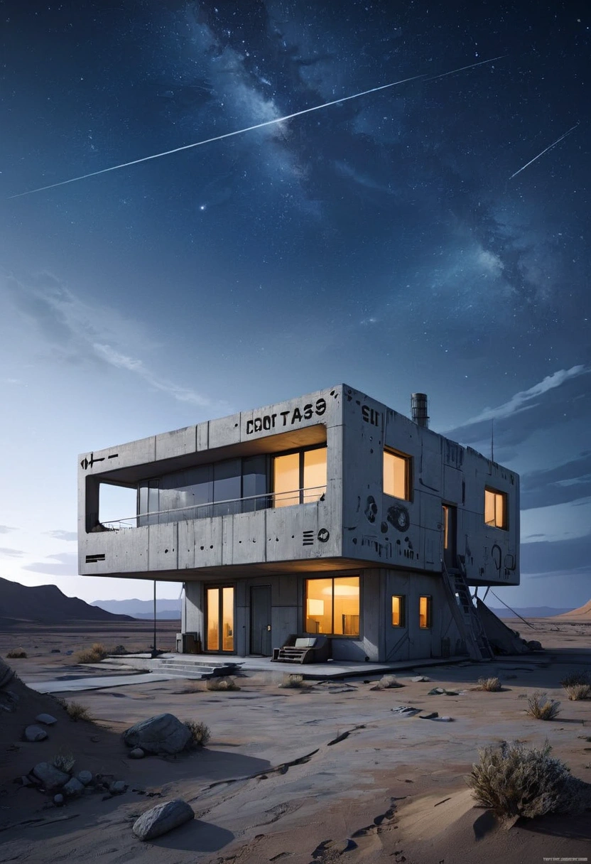  Wasteland under the stars ,  square concrete house ,  futuristic two-story house, windows - loopholes ,   signage and writing in pictograms,  sci-fi landscape ,  high quality 