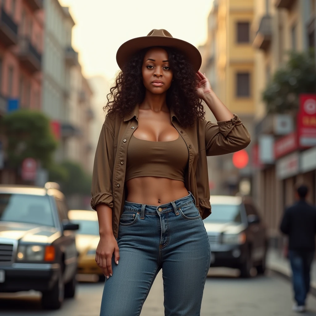 {A photorealistic image of a Brazilian woman walking in a vibrant city street, showcasing her confident and graceful demeanor. The woman has dark, curly hair, sun-kissed skin, and is wearing casual yet stylish clothing. The city is bustling with life, featuring modern skyscrapers, colorful storefronts, and pedestrians going about their day. The image is taken during golden hour, casting warm, soft lighting across the scene. The camera is positioned at a slight low angle, capturing the energy of the urban environment. High-resolution, 8K, hyper-detailed, with realistic textures and lighting.}
