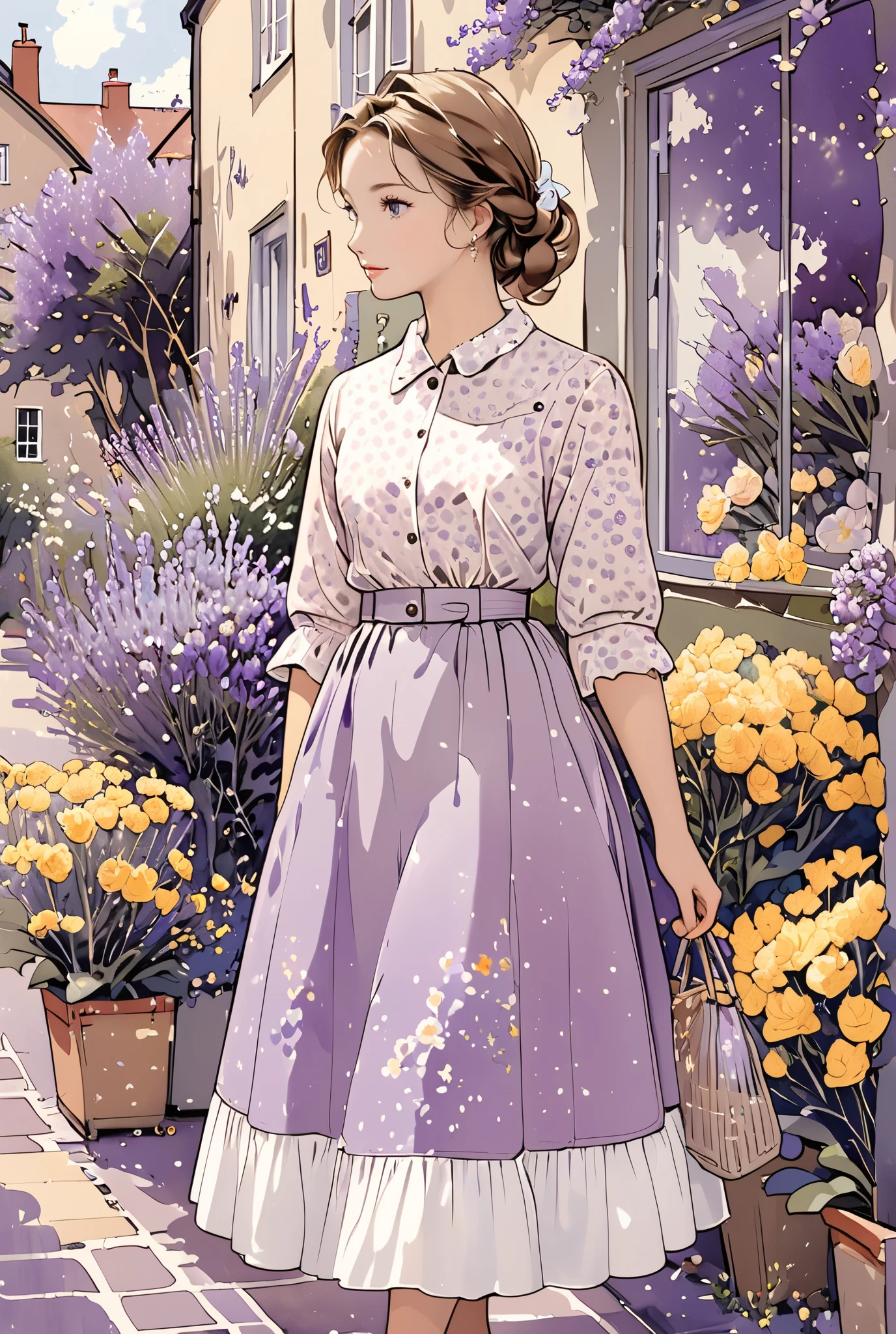 Universe, Illustration with wistaria as the main color, Someone's signature, Maison, city of Manchester, Lavender flowers, Cat walking leisurely on the street, A woman as beautiful as Grace Kelly stands pensive in front of a bakery, She is very fashionable and looks like she is waiting for someone, Nature, Lavender mauve illustration, lilac illustration, rasberry illustration, framboise illustration, rose tendre illustration, Energy, mauve illustration, There are stores with teddy bears on, display, Department, for you