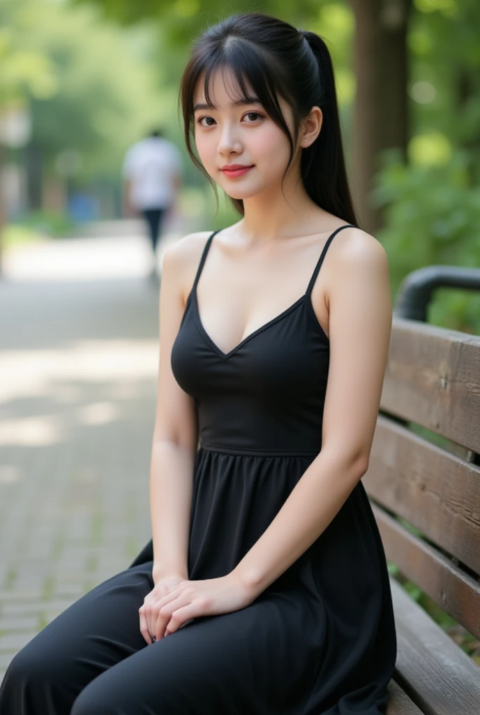 A 20 years old girl, ((indian face)), asian face, cute, Black Hair, Side Ponytail, wearing black singlet and long skirt, sitting on the bench, [[[hands shoot]]], Photorealistic, 