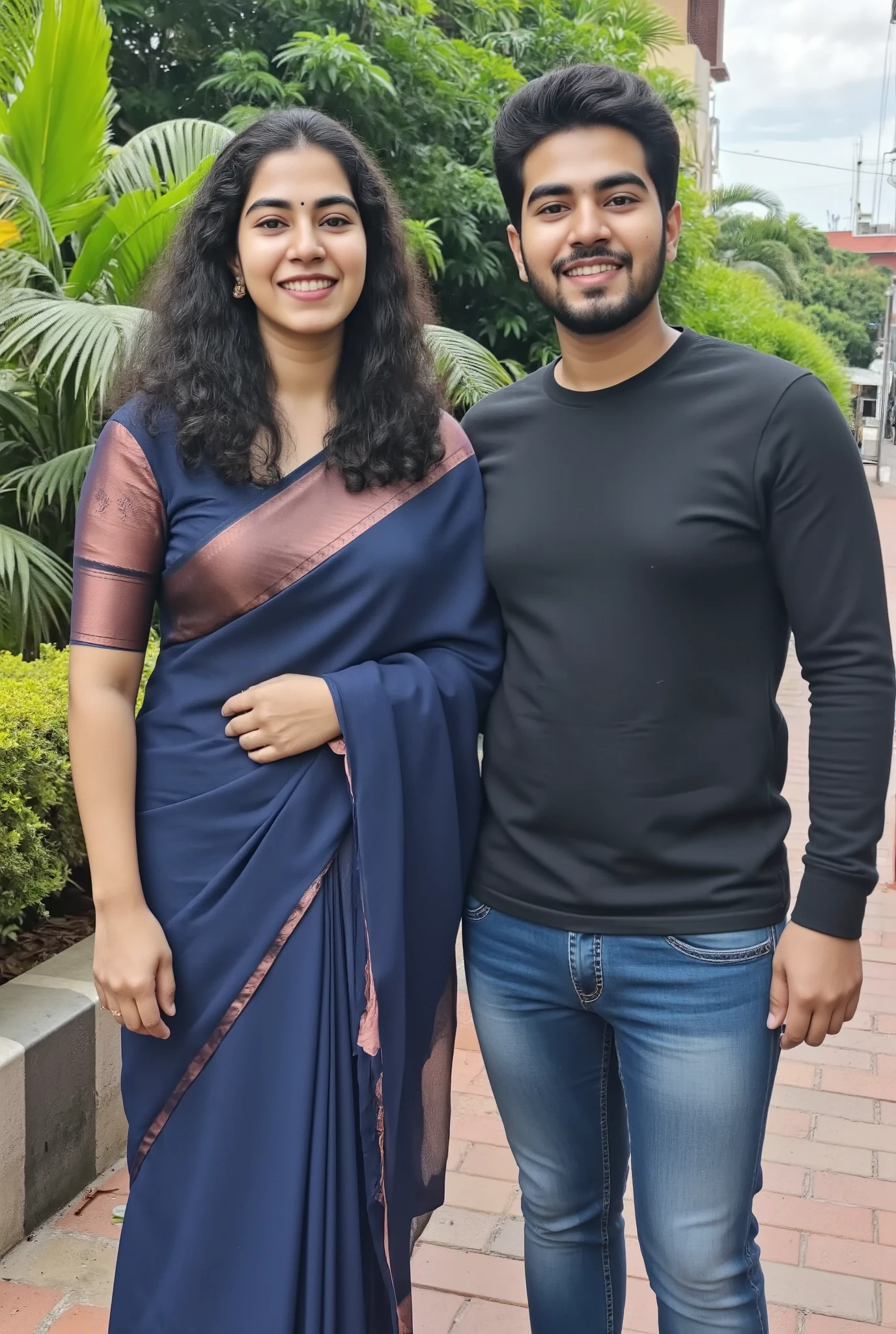 Photo of Kerala straight mallu couple.female with fair Indian skin tone and black long hair.curvy chubby body figure. Wearing kerala navy blue saree and sleeveless blouse and male wearing black full sleeve tshirt and jeans pant in kerala outdoor. Full size photo. Detailed photo. Realistic photo. Photo taken in nikon camera.face looking straight.