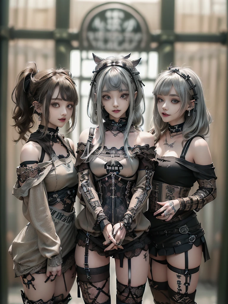 Close-up of three women in different costumes on white background, grunge style, grunge aesthetics, !!!, grunge aesthetics!!! (, sexy gloomy style, grunge aesthetic, grunge fashion, teen grunge punk rock, Y2K style, y 2 k style, punk style, this set style, gothic style, retro aesthetic, 90s style, vintage look, bow, donuts, bow bow bow!!! Cat ears, elves!! demon