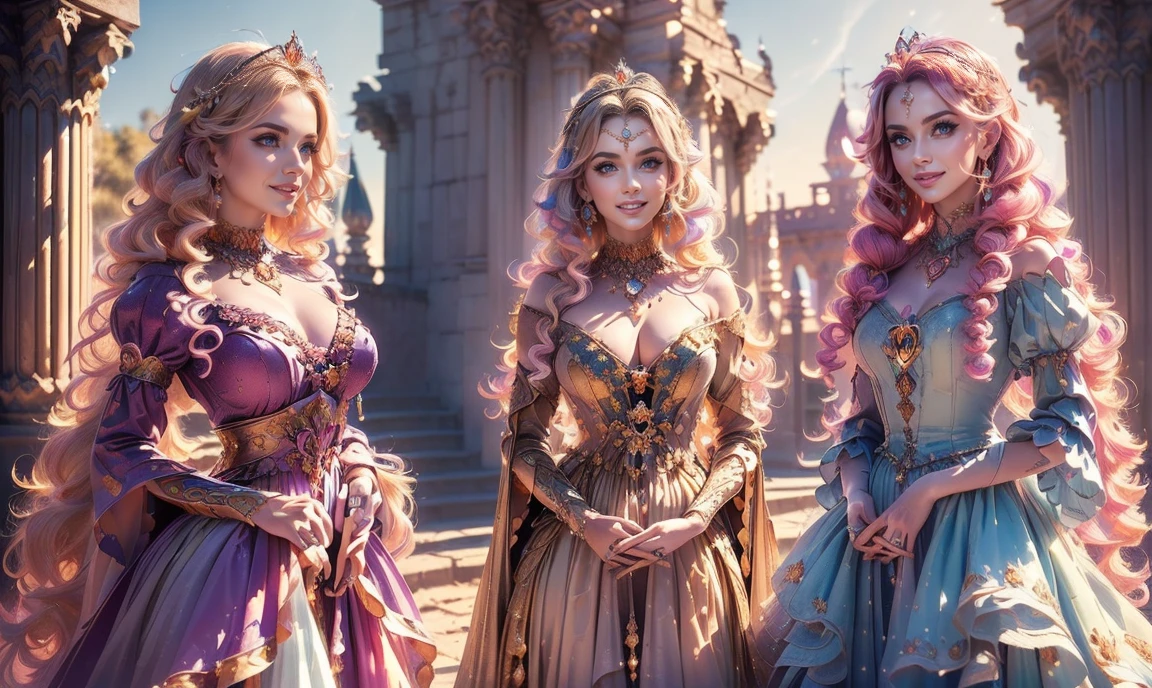 fantasy ambience. close up. standing very close and bunched together. ((3 unique lovely princesses:1.5)), unique personalities, ((each with a unique expression on face:1.5)), (((each with a unique natural hair color:1.5))), (((each with unique natural eye color:1.5))), wearing stunning flowing clothes, ((looking straight at the camera:1.5)), pretty castle ruins background.
