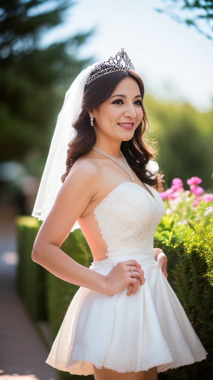 full body shot, from below,  japanese mature, 60 years old,  detailed face , smile, Facial wrinkles, Wrinkles around the eyes,  Detailed Skin Textures ,  white skin,  long hair, curvy body, saggy breasts,  plump thighs, (earrings,  necklace, ballerina, wedding dress, tiara, wedding veil, mini skirt:1.2), ( is wearing high heels:1.2), (Standing in the garden,  photograph the whole body from toe to head,:1.2), (surrealism, best quality, ultra detailed, absolutely resolution, 8k, anatomically correct), depth of field, looking at viewer, full body,  detailed face , (very short mini skirt wedding dress, Flared skirt),  natural light
