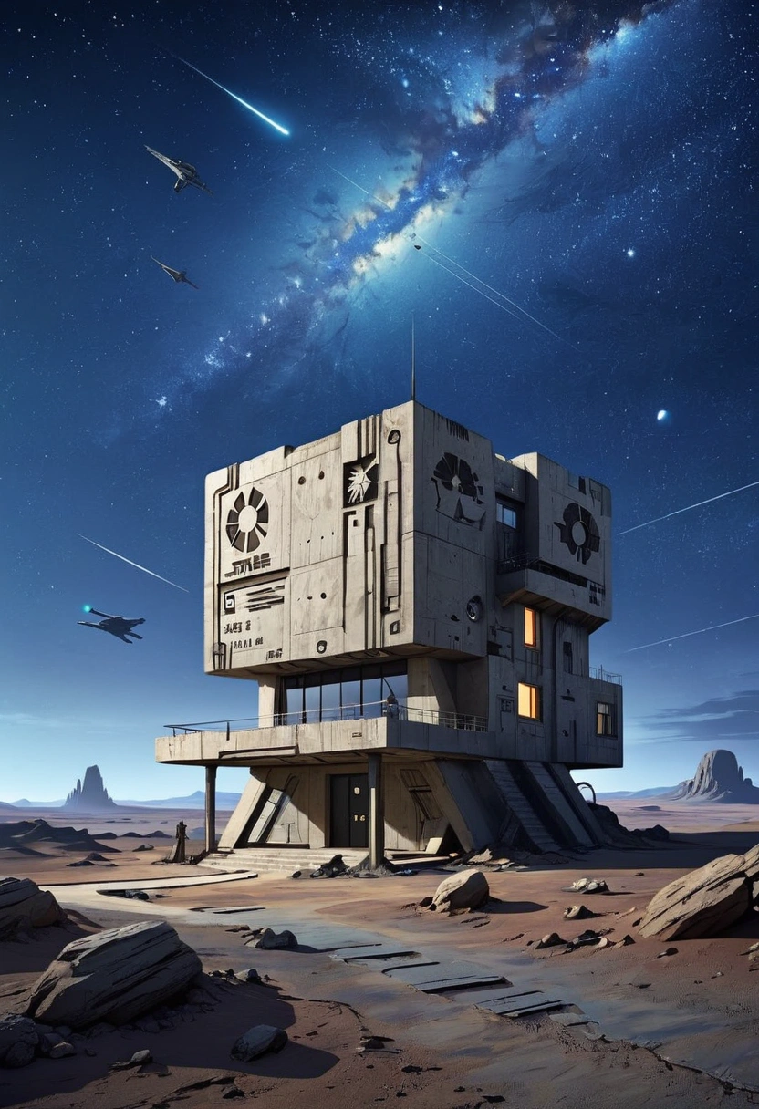  Wasteland under the stars ,  square concrete two-story house,  signage and writing in pictograms,  sci-fi landscape ,  high quality ,  Star Wars style , stars against the background of space 