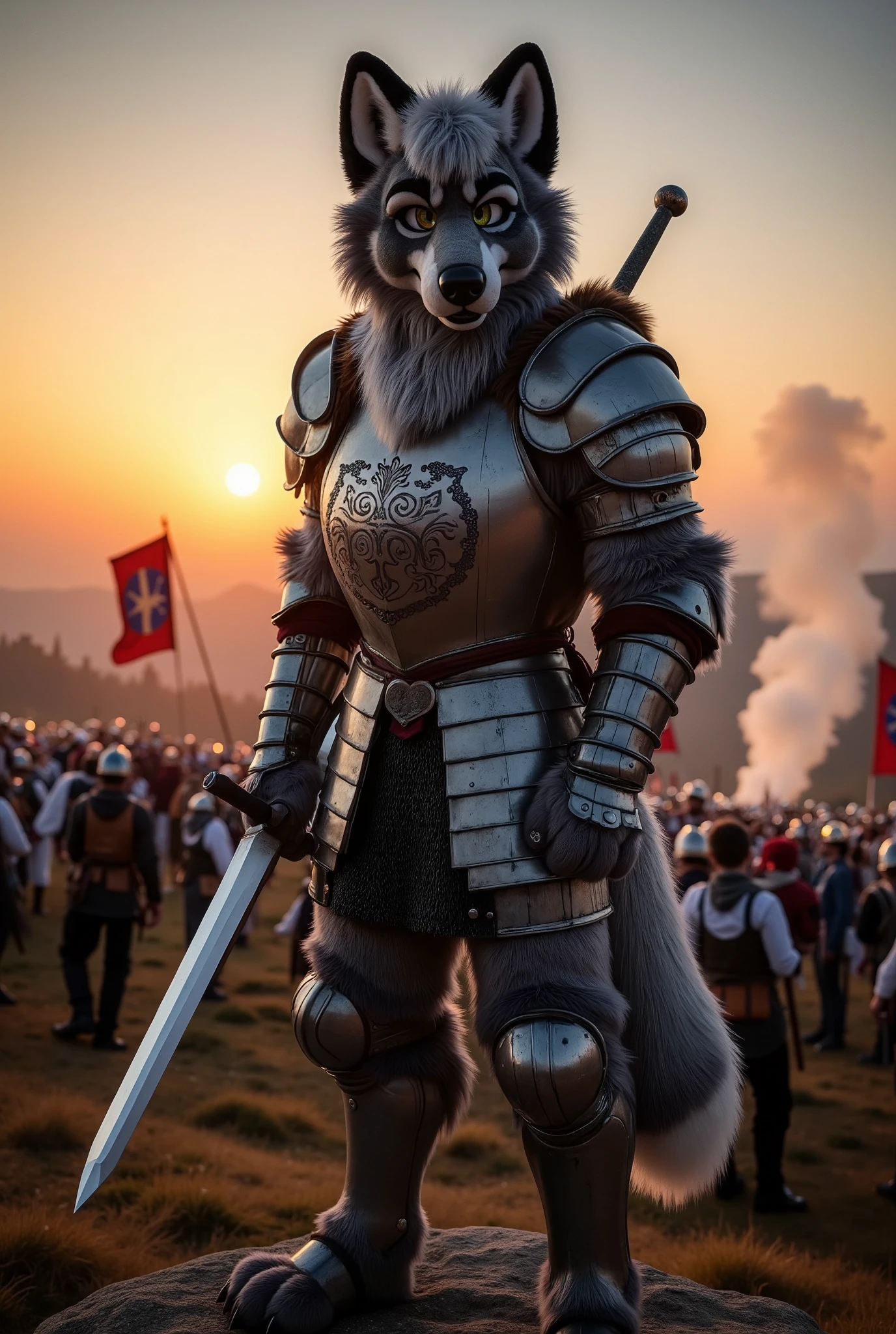 "Anthropomorphic male wolf, adult, heavily muscular, with grey fur and battle scars on his face. He is clad in full plate armor, decorated with a royal crest etched into his chest plate. A massive sword rests on his back, and his eyes glow faintly with determination. His fur peeks out through the joints of his armor, giving him a wild yet noble appearance.

Background: A medieval battlefield at sunset, with banners fluttering in the wind and distant silhouettes of castles on the horizon. Smoke rises from the ground, hinting at a recent battle, and the wolf stands atop a small hill, gazing down at the remnants of the fight.

Style: Hyperrealistic 3D rendering with intricate detailing on the armor, fur, and battlefield setting. The lighting captures the dramatic tension and honor of the knight’s stance."