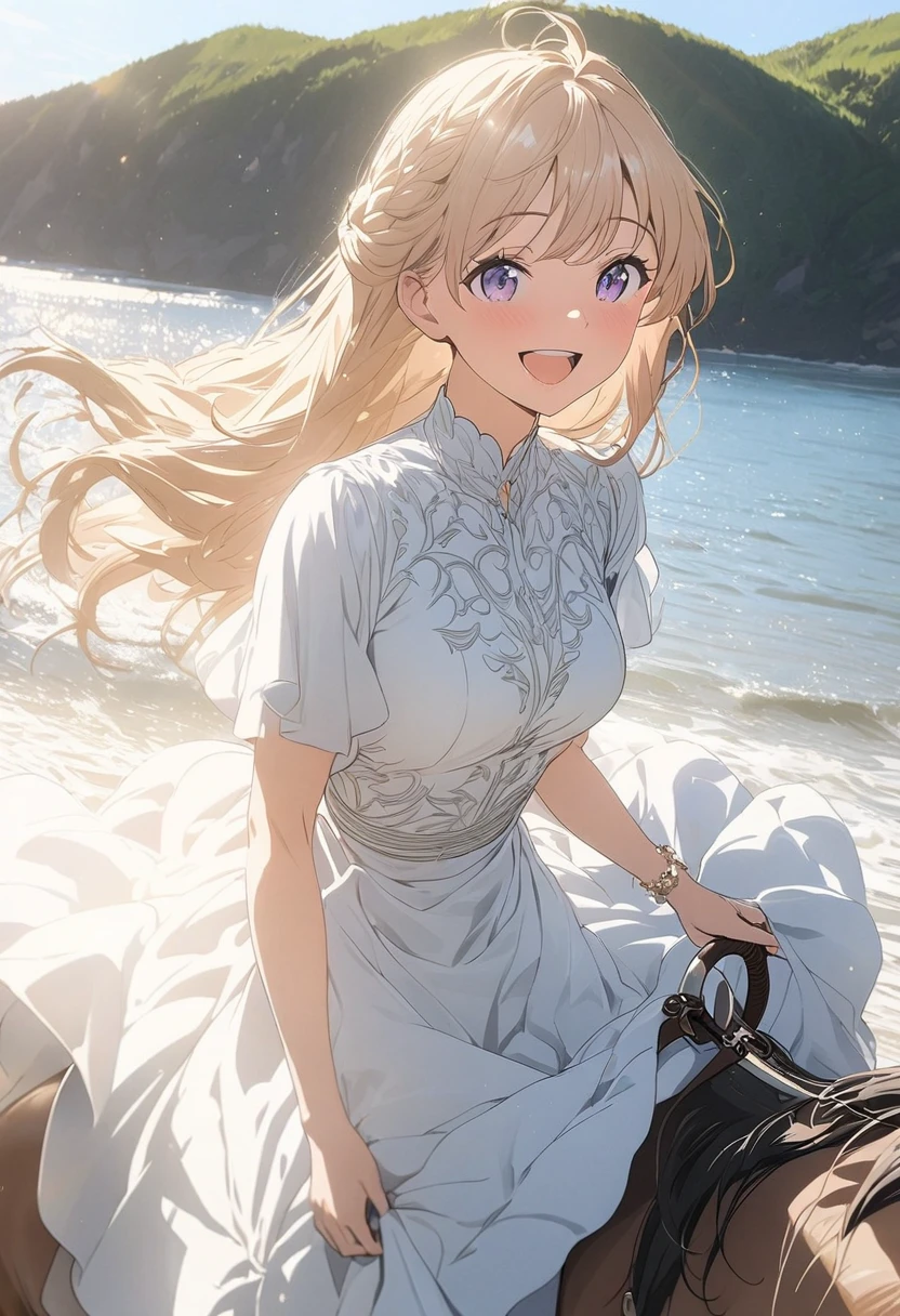 (masterpiece, detailed:1.2), , anime, one girl, at the seaside, riding a horse, smiling, happy, satisfied, sophisticated design, advanced lighting technology, live-action photo 8K quality